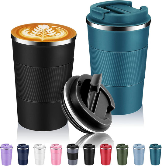 Volhoply 13 oz Stainless Steel Insulated Travel Coffee Mug with Fip Lid Bulk 2 Pack,Reusable Double Wall Vacuum Metal Coffee