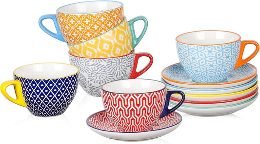 Selamica Ceramic 8 oz Cappuccino Cup Set with Saucers, Espresso Coffee Cups, Latte Macchiato for Party Cafe Home, Set of 6,