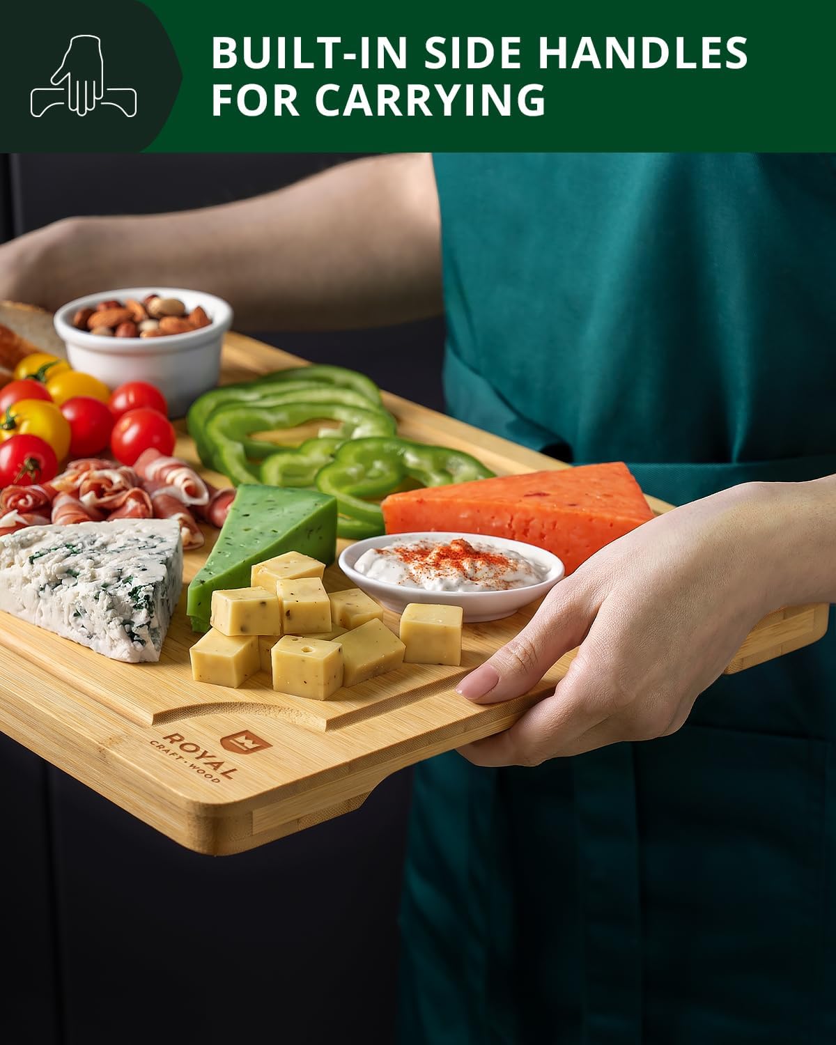 ROYAL CRAFT WOOD Wooden Cutting Boards for Kitchen Meal Prep &amp; Serving - Bamboo Wood Serving Board Set with Deep Juice Groove Side Handles - Charcuterie &amp; Chopping Butcher Block for Meat