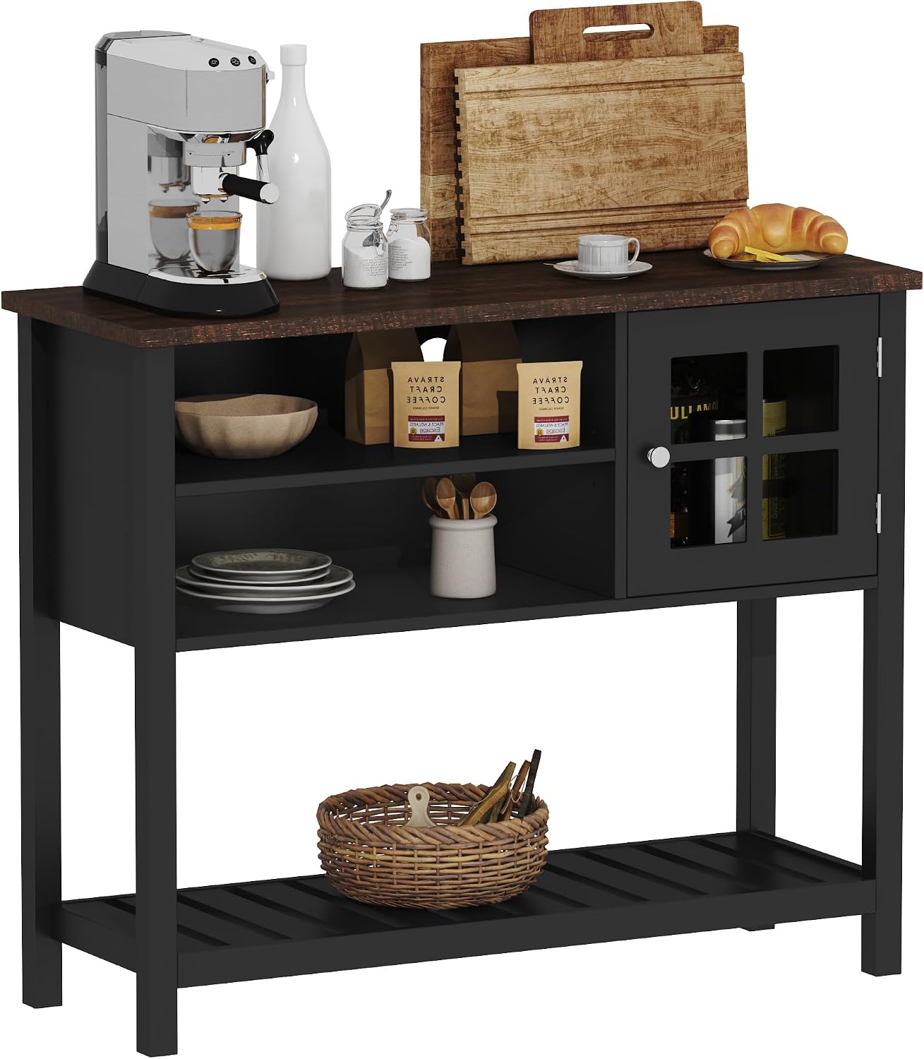ChooChoo Farmhouse Coffee Bar Cabinet, 40" W Buffet Cabinet with Glass Door | Sideboard Buffet with Storage, Console Table, Black