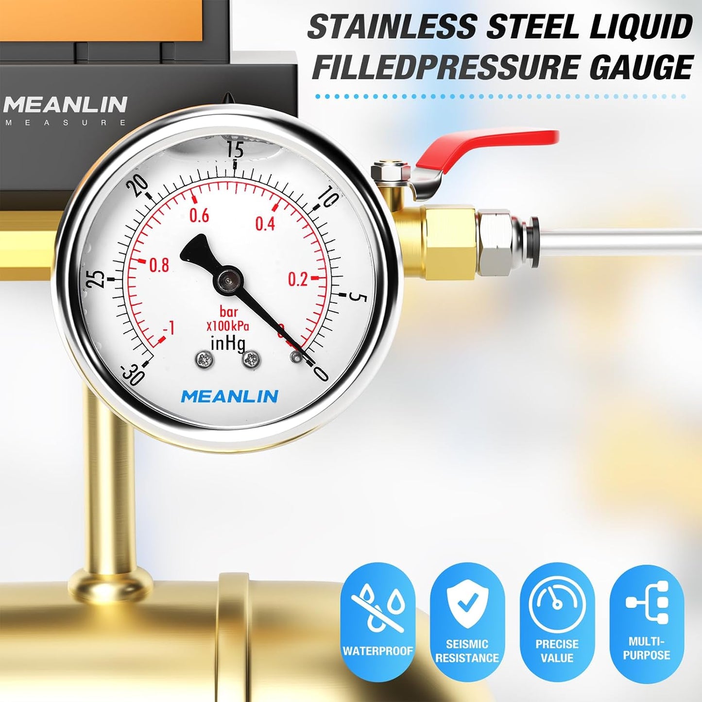 MEANLIN MEASURE -30inHG~0Psi Stainless Steel 1/4" NPT 2.5" FACE DIAL Vacuum Pressure Gauge, Center Back Mount, with 1/2" NPT and 3/8" NPT Hex Bushing