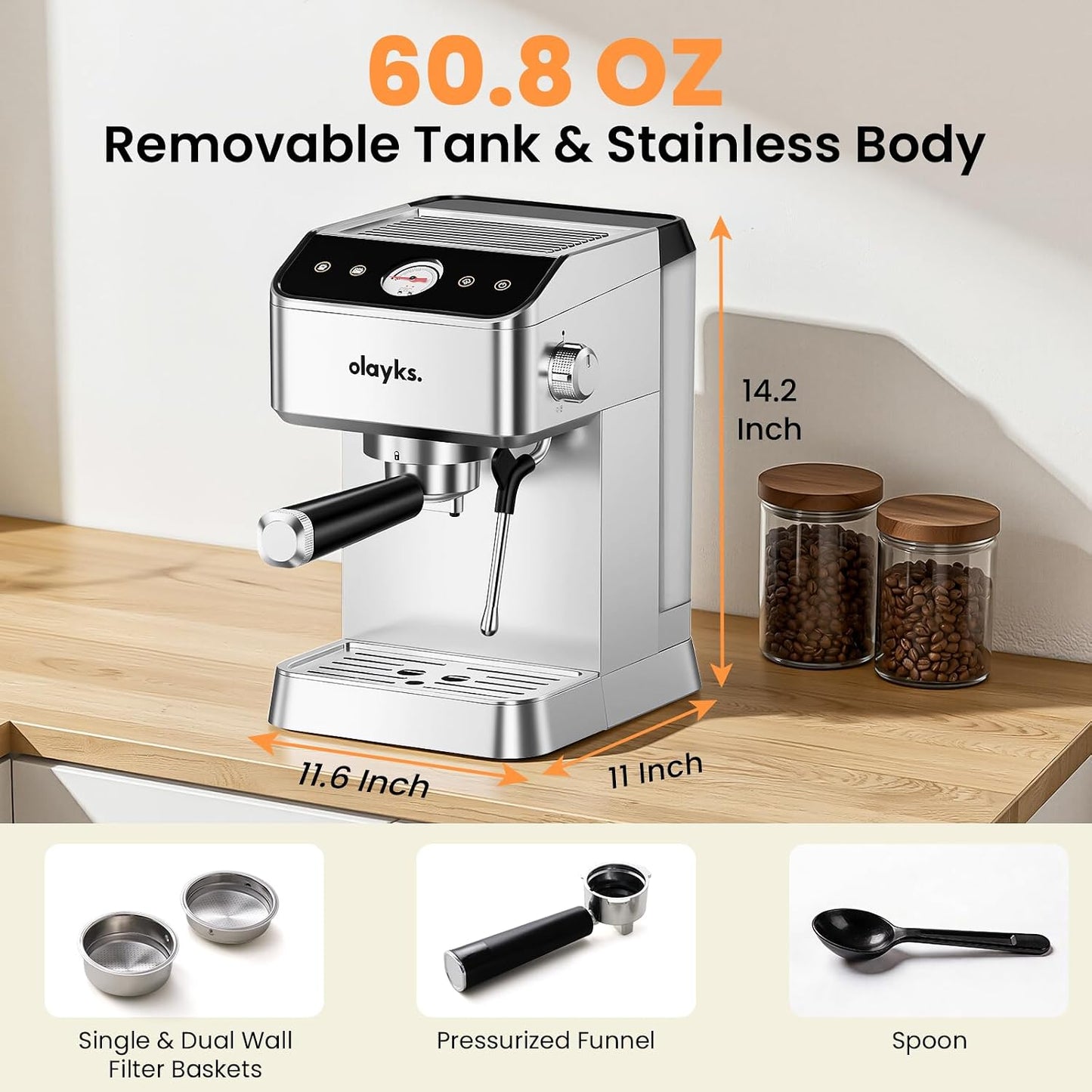 Espresso Machine 20 Bar, Brush Stainless Steel Espresso Maker with Milk Frother Steam Wand, 1400W Espresso Coffee Machine with 1.8L Removable Water Tank for Latte, Cappuccino,Machiato