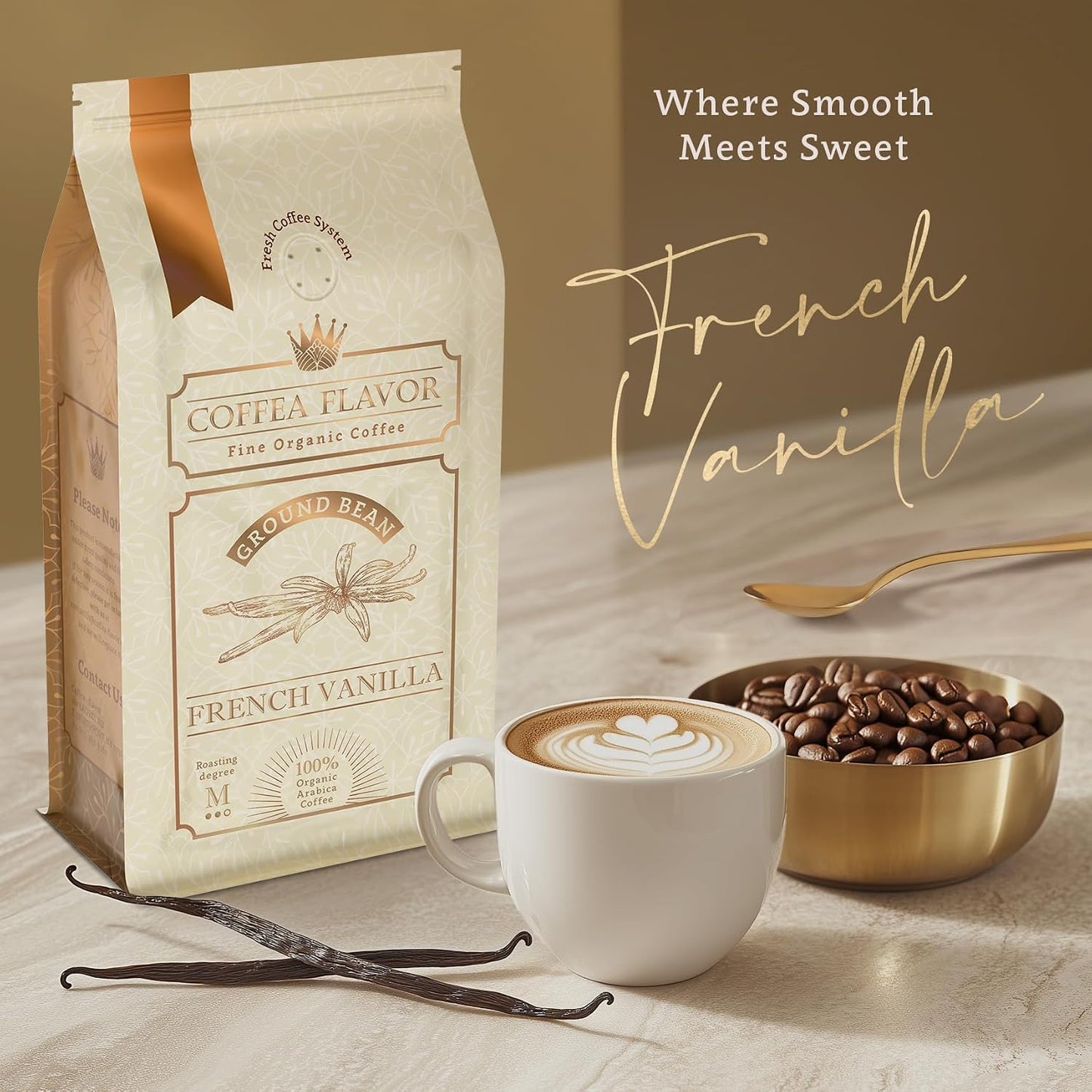 Organic Whole Bean Coffee Medium Roast (16oz) - French Vanilla Flavored | 100% Arabica, Single Origin and Low Acid - USDA Organic and Fair Trade Certified - Naturally Flavored Without Additives