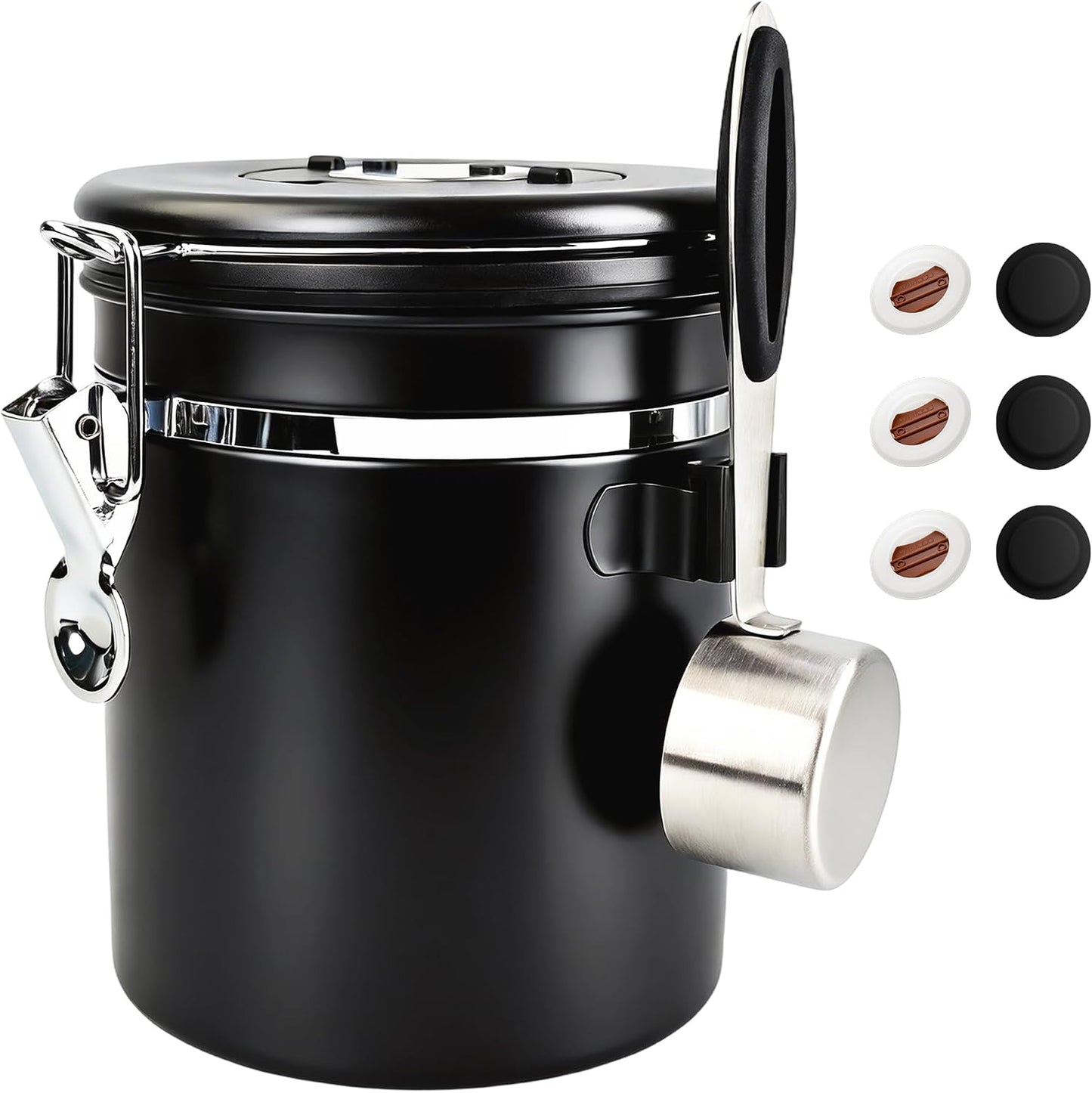 ShanSon Coffee Canister Airtight, Stainless Steel Bean Storage Container with Date Tracker &amp; Scoop, Grounds Sugar Flour Tea Cereal Fits Kitchen Pantry, Ideal Gift for Coffee Lovers,16oz, Black