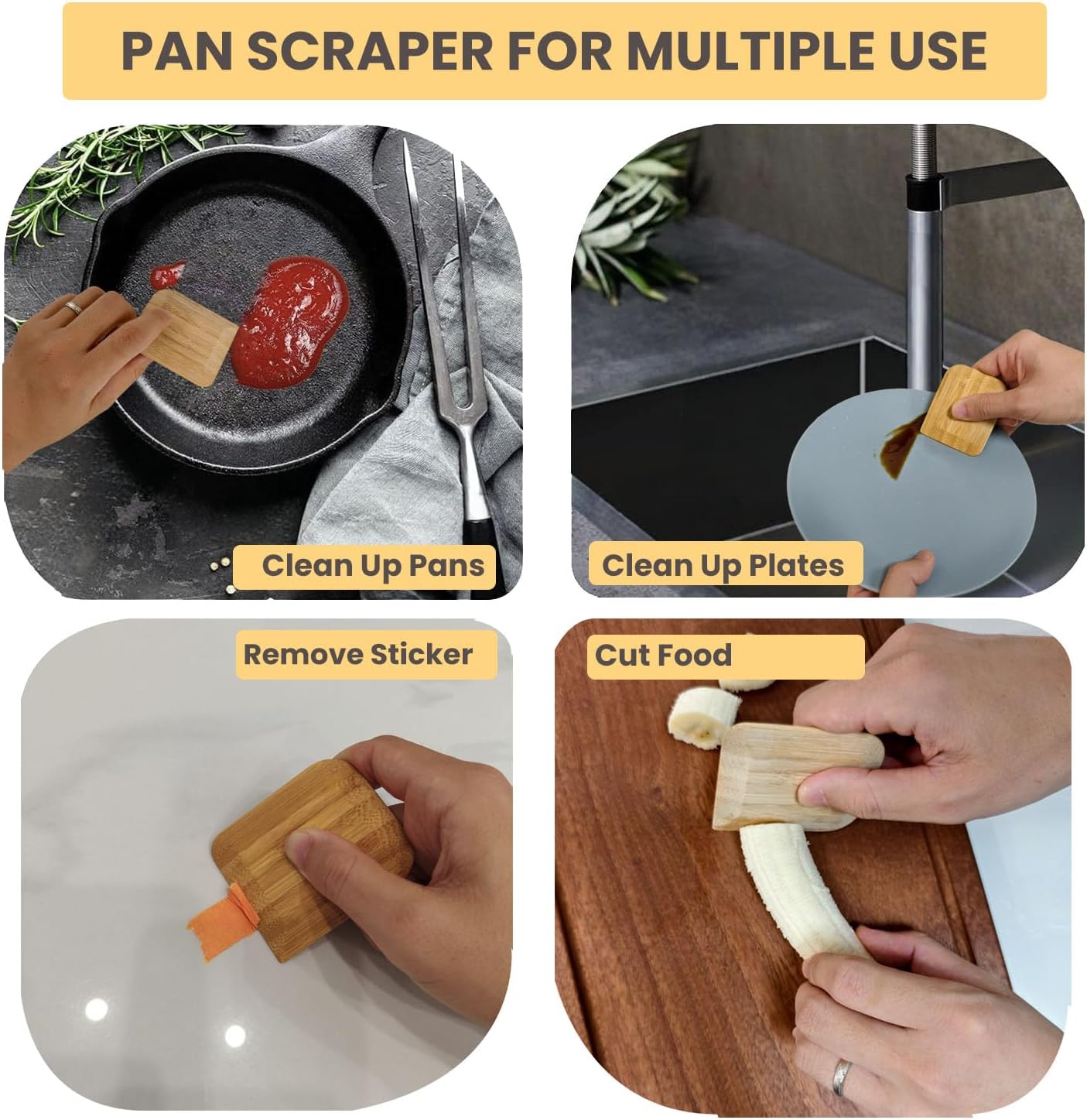 Bamboo Pan &amp; Pot Scraper Tool,6 Pcs Dish Scraper for Kitchen,