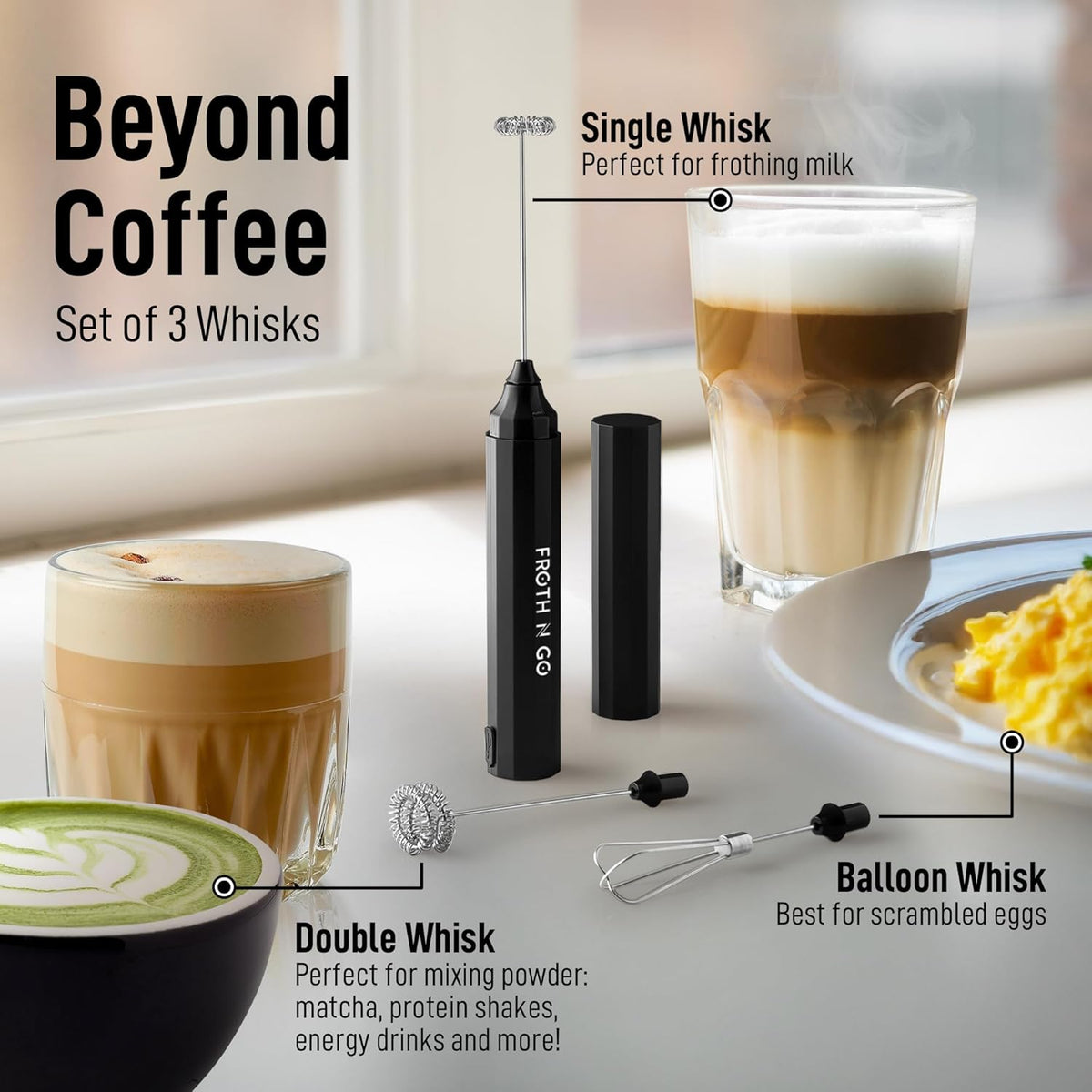 Zulay Rechargeable Milk Frother – 3-in-1 Handheld Frother Wand with Travel Case &amp; USB-C Charger – Single, Double &amp; Egg Whisk for Latte, Cappuccino, Matcha, Protein Shakes - Froth N Go Deep Black