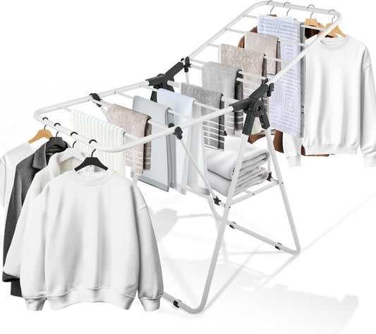 Clothes Drying Rack, Metal Foldable Laundry Drying Rack, with Adjustable Height Levels Wings, Space Saving, Indoor Outdoor