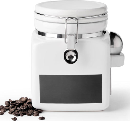 Ceramic Coffee Canister with Airtight Lid and Scoop, Large 74 Fl Oz / 2.2 L Kitchen Food Storage Container Jar for Grounds