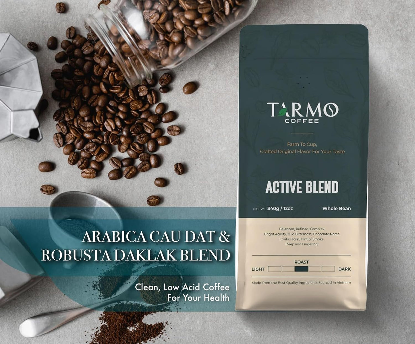 TARMO - ACTIVE BLEND | Low Acid ARABICA &amp; ROBUSTA BLEND Whole Bean Coffee | Specialty Vietnamese Coffee | Single Origin Medium Roast | Premium Espresso Beans, 12 Oz Bag