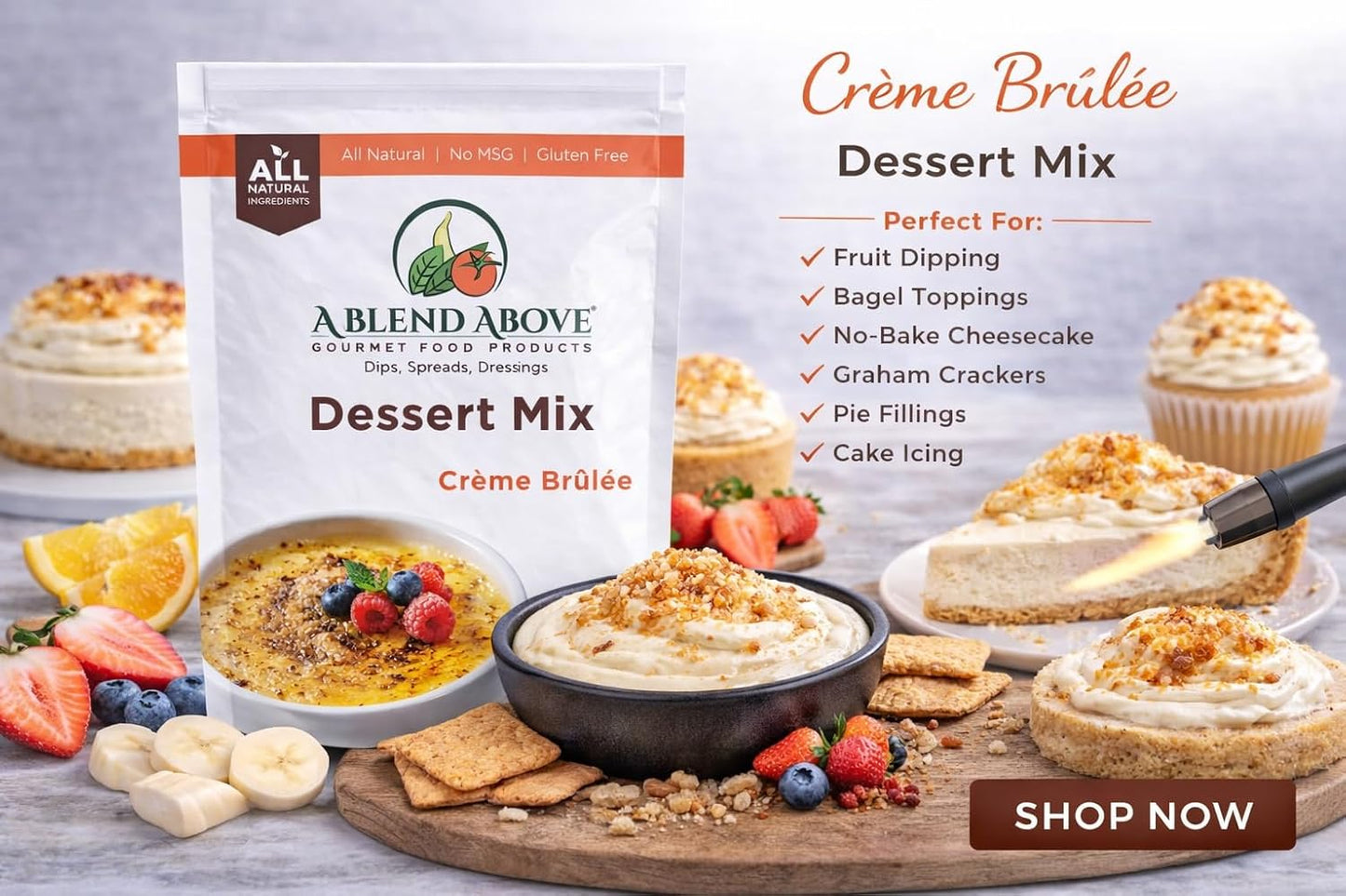 A Blend Above Creme Brulee No-Bake Dessert Mix, 3 Pack, No-Bake Cheesecake, Fruit Dip, Dessert Mix, Bagel Topping, Frosting, Cheesecake Filling, Quick and Easy to Make, Makes 16 Ounces, Cream Cheese,