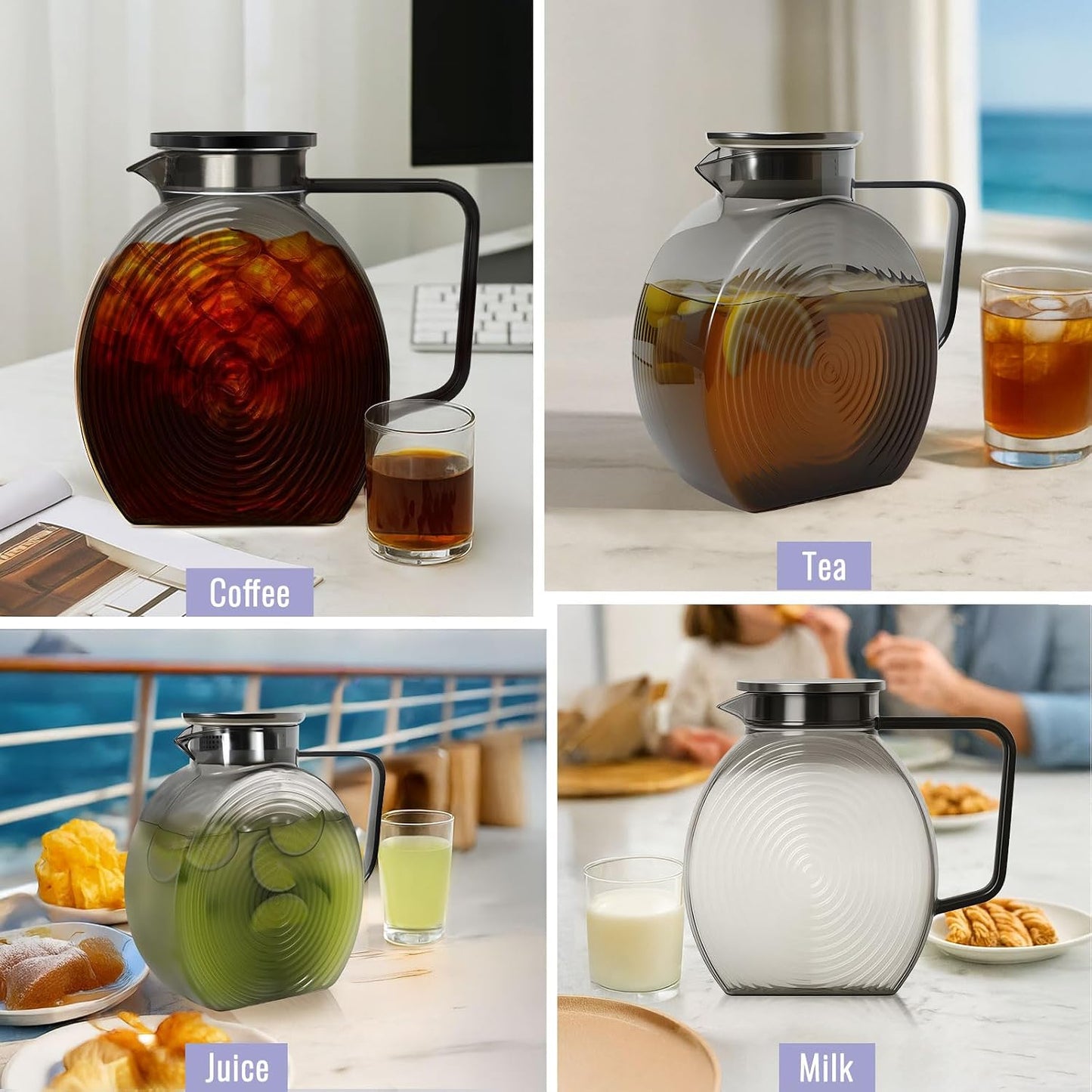 Glass Pitcher With Lid, 2 Liter 68 oz Glass Water Pitchers With handle and lid, 0.528 Gallon Tea Pitcher For Fridge, Carafe Jug Jar For Hot/Cold Water Iced Tea Juice Coffee Milk Beverage (Grey)