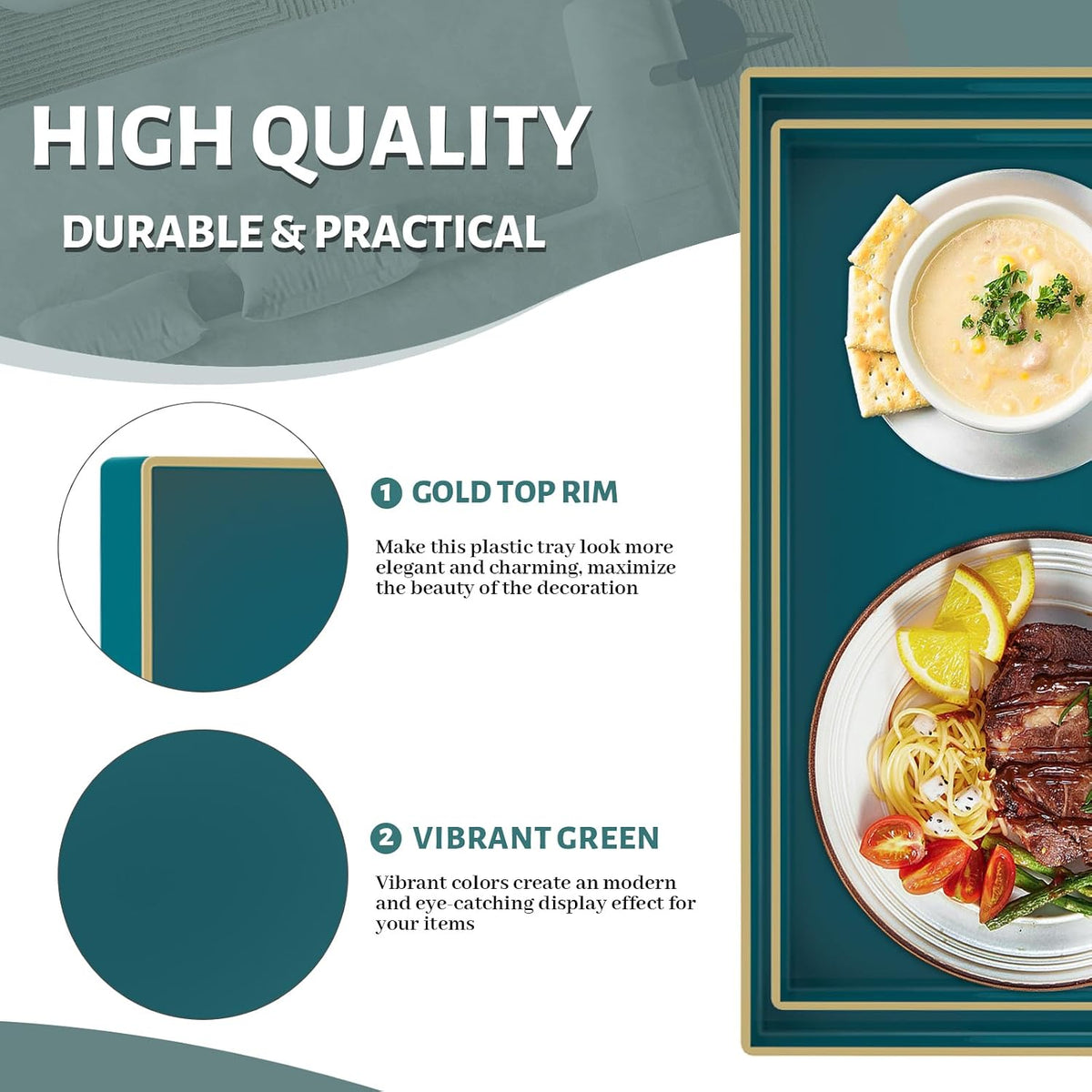 MAONAME Green Serving Tray with Handles, Plastic Decorative Tray Set of 2 | Decorative Tray for Coffee Table, Modern Ottoman Tray, Rectangle Melamine Tray for Living Room, 15.8"L x 10.2"W x 1.4"H