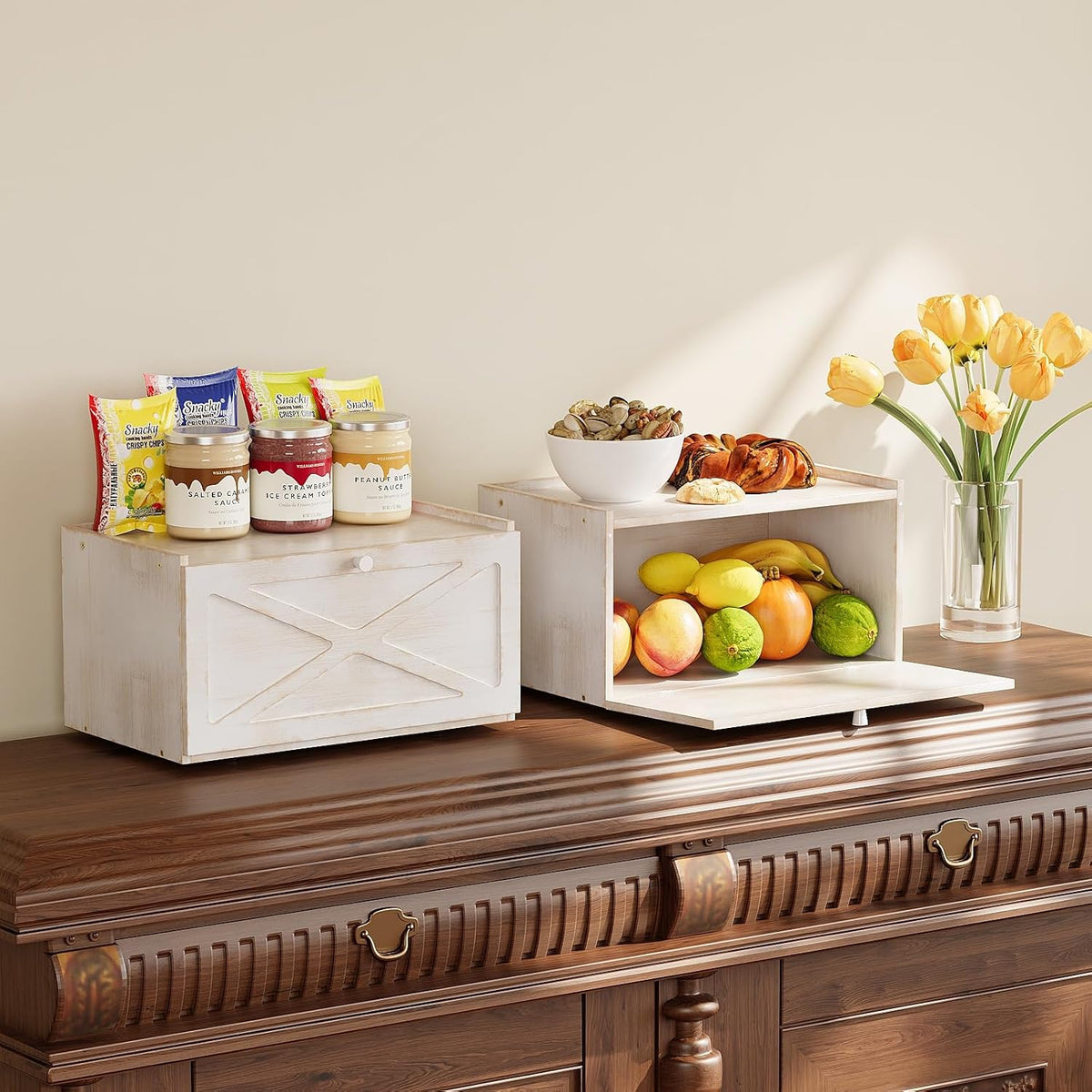Bamboo Bread Box for Kitchen Counter Farmhouse Bread Storage Container Large Capacity Bread Storage Bin Bread Holder (Antique White)