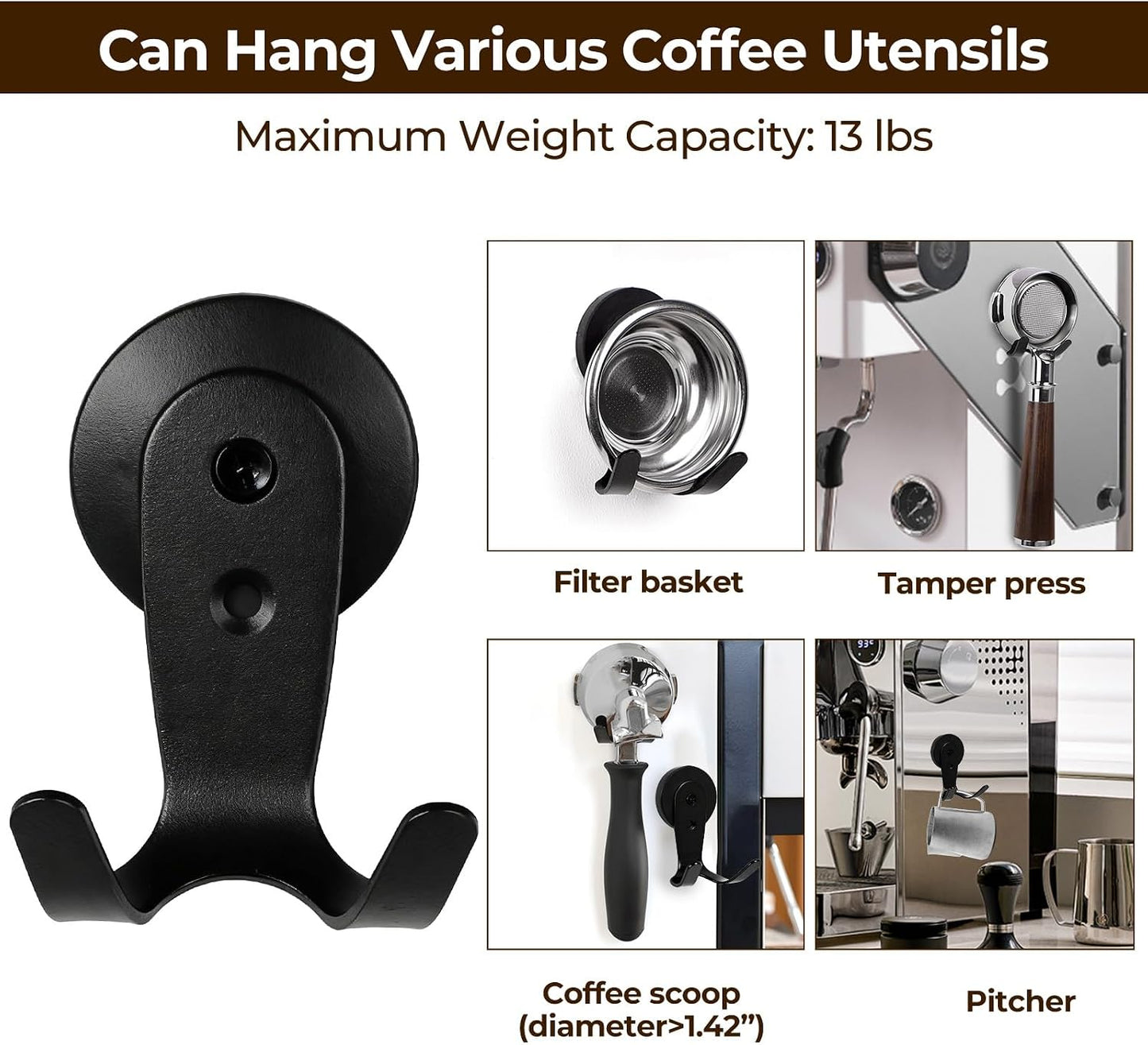 Magnetic Portafilter Holder for Espresso Machine &amp; Metal Wall Surface | Coffee Tamper Organizer Rack, Powerful Magnet, Compatible with Breville, 51mm 53mm 58mm Portafilters, 2 Pack, Black