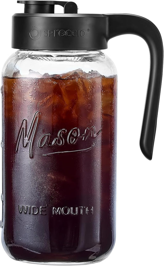 Mason Jar Pitcher - Airtight & Leakproof Glass Pitcher with Lid, Perfect for Breastmilk, Cold Brew, and Sun Tea, 2 Quart (64