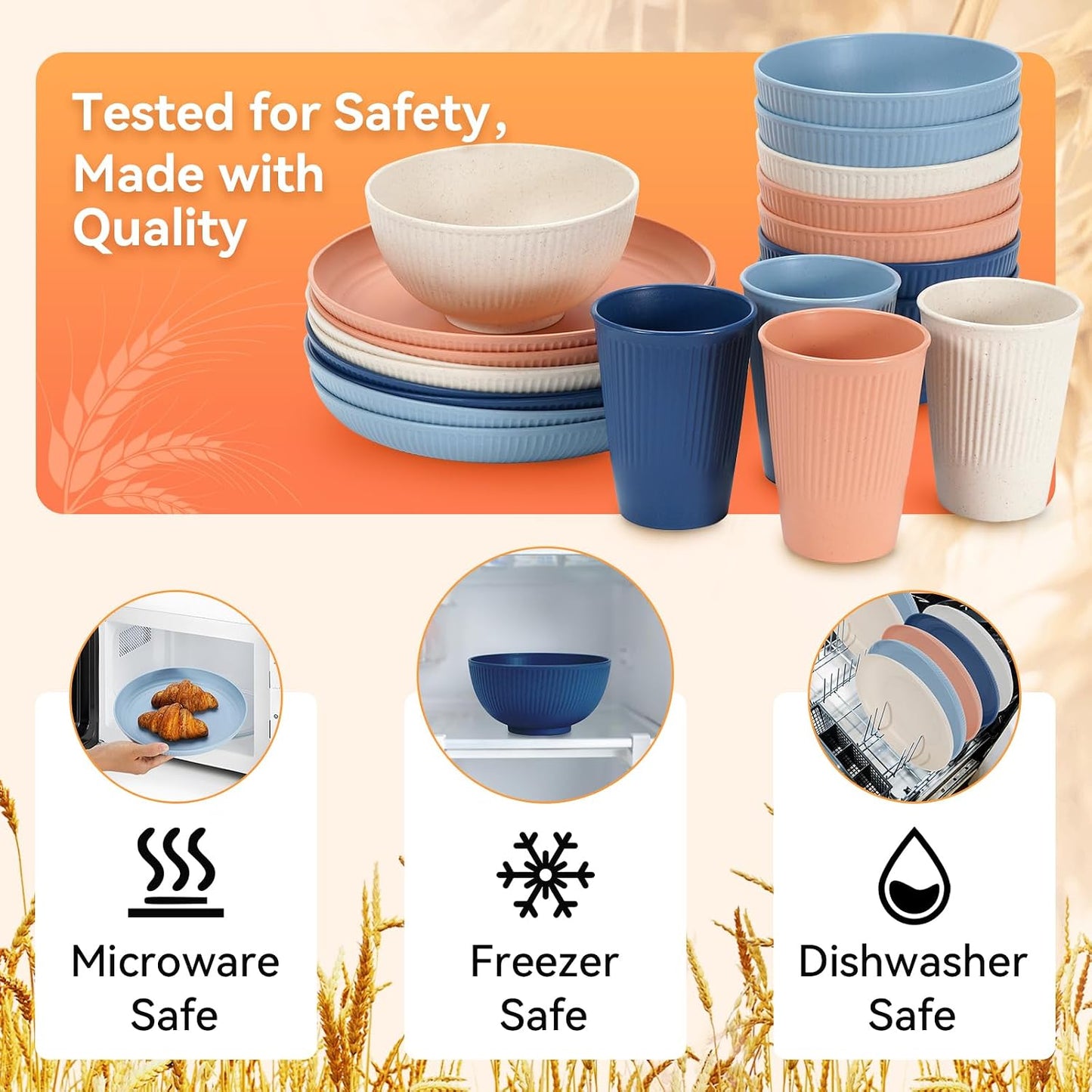 Wheat Straw Dinnerware Sets,64-Piece Plates and Bowls Sets for 8-Unbreakable,Reusable Plastic Dish Set-Dinner Plate/Dess
