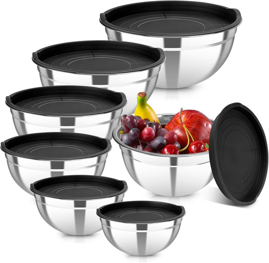 7 Piece Metal Mixing Bowls with Lids Set, Stainless Steel Nesting Design Salad Mixing Bowl Set for Kitchen Cooking, Baking,