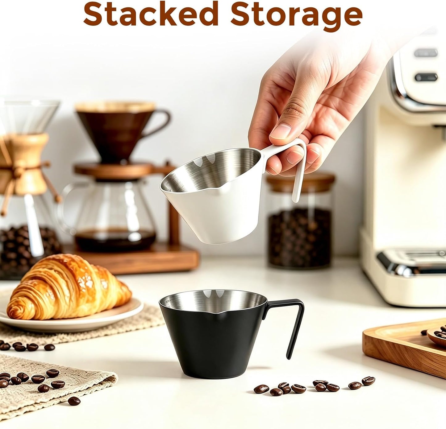 1 Pc Stainless Steel Espresso Shot Cup with Dual Scale, 3.4oz/100ml, White | Double Spout Measuring Cup with Handle, V-Shaped Mouth, Ideal for Espresso Brewing and Coffee Making