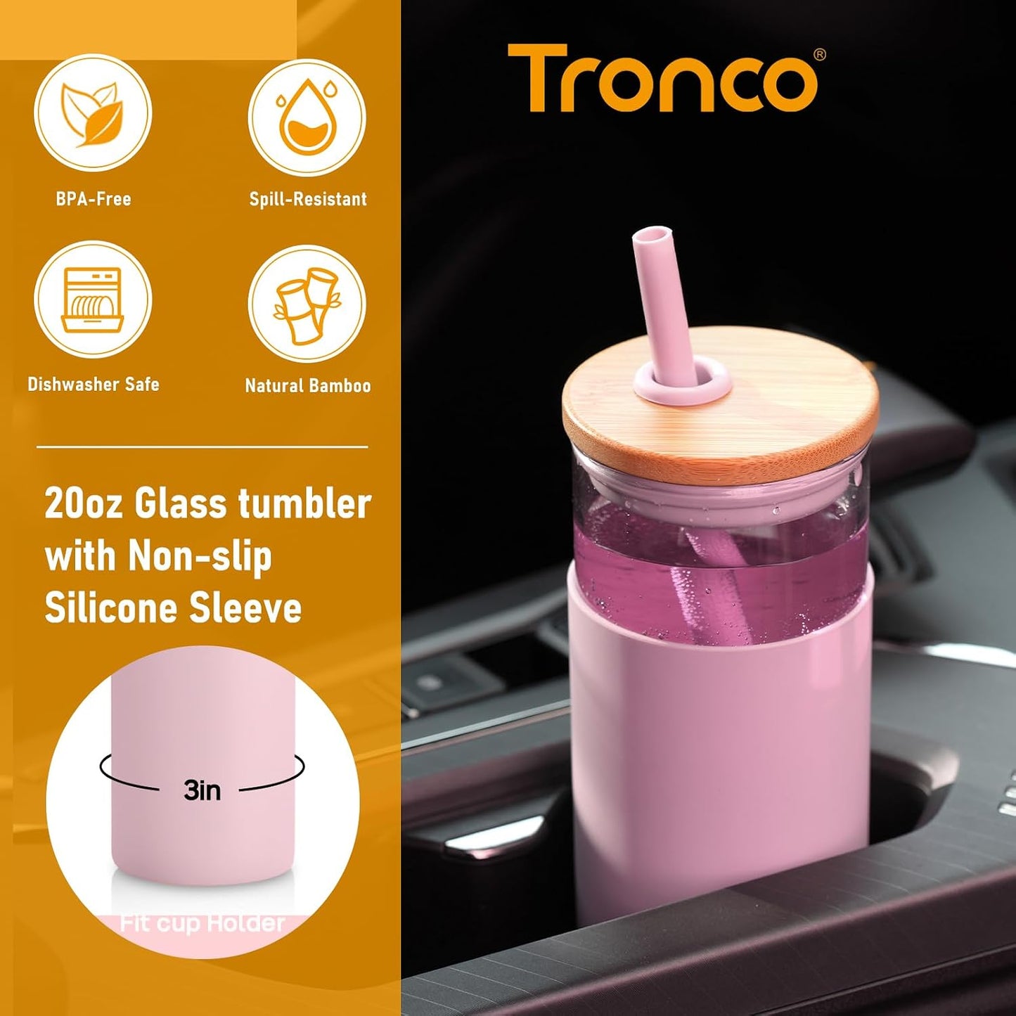 Tronco 20 oz Glass Tumbler with Lids and Straws, Reusable Iced Coffee Cups | Borosilicate Glass Cups with Bamboo Lid, Silicone Sleeve, Dishwasher Safe, Cup Holder Friendly, BPA-Free, Iced Coffee Tumbler