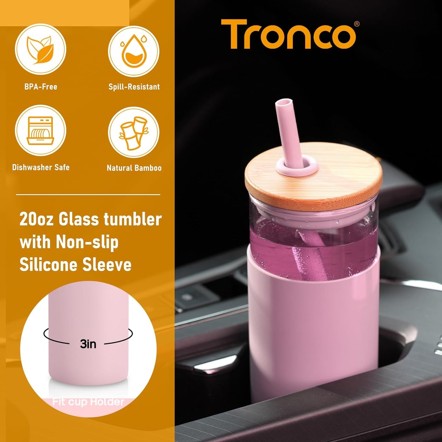 Tronco 20 oz Glass Tumbler with Lids and Straws, Reusable Iced Coffee Cups | Borosilicate Glass Cups with Bamboo Lid, Silicone Sleeve, Dishwasher Safe, Cup Holder Friendly, Iced Coffee Tumbler, 2 Pcak