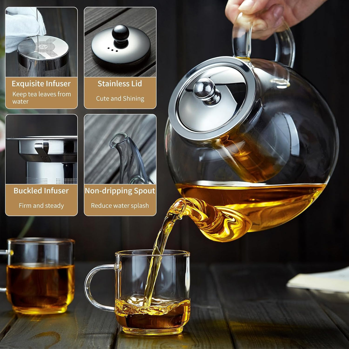 DOPUDO Glass Teapot with Infuser, 40 oz Borosilicate Tea Kettle | Clear borosilicate glass with removable 18/8 steel infuser for stovetop brewing of loose-leaf, herbal, and blooming tea.