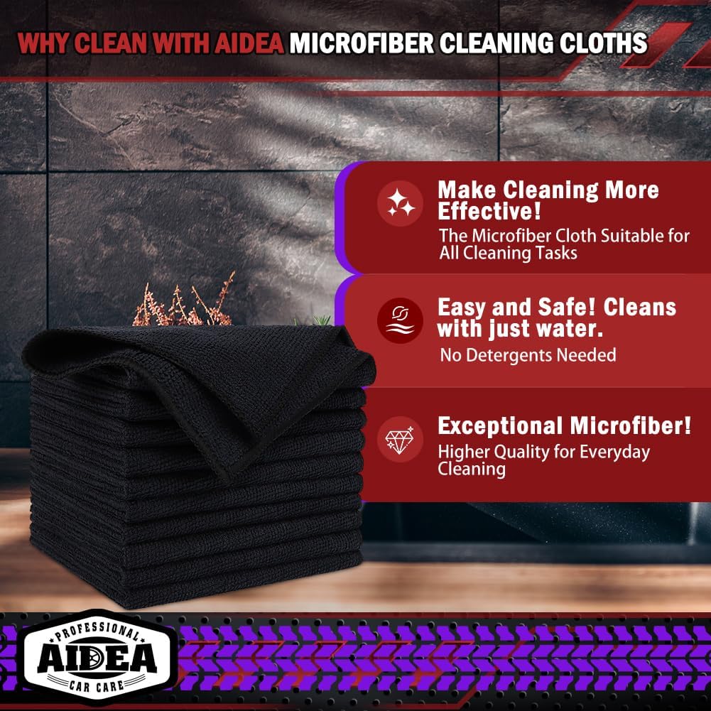 AIDEA Microfiber Cleaning Cloth-10PK, Black Microfiber Towels,12×12"