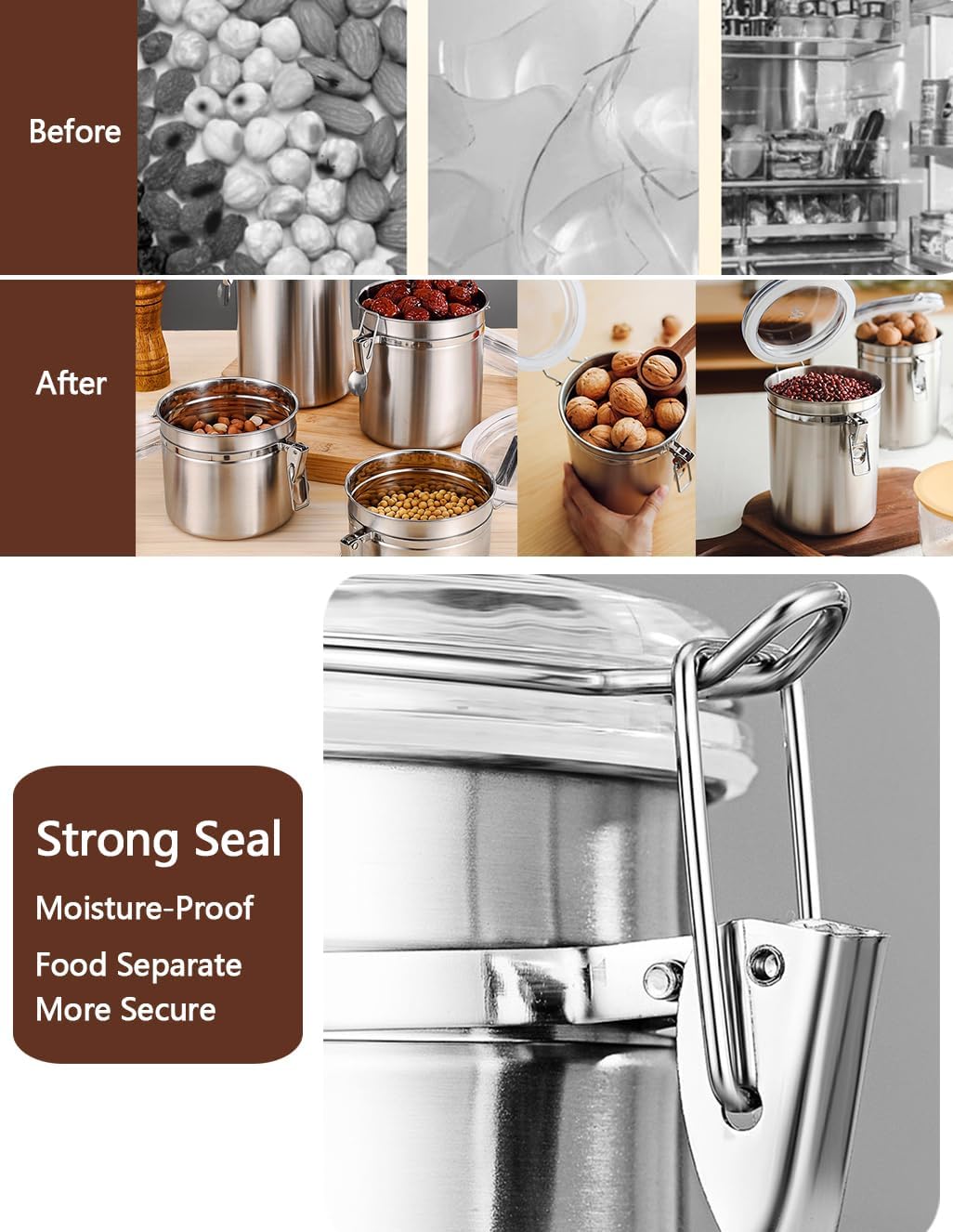 Walktosun Stainless Steel Food Container with Clear Lids Airtight Storage Container Stackable Small Canisters Kitchen Pantry Storage for Cereal, Snacks, Candy, Herbs, Spices, Sugar, Tea (1.2L Silver)
