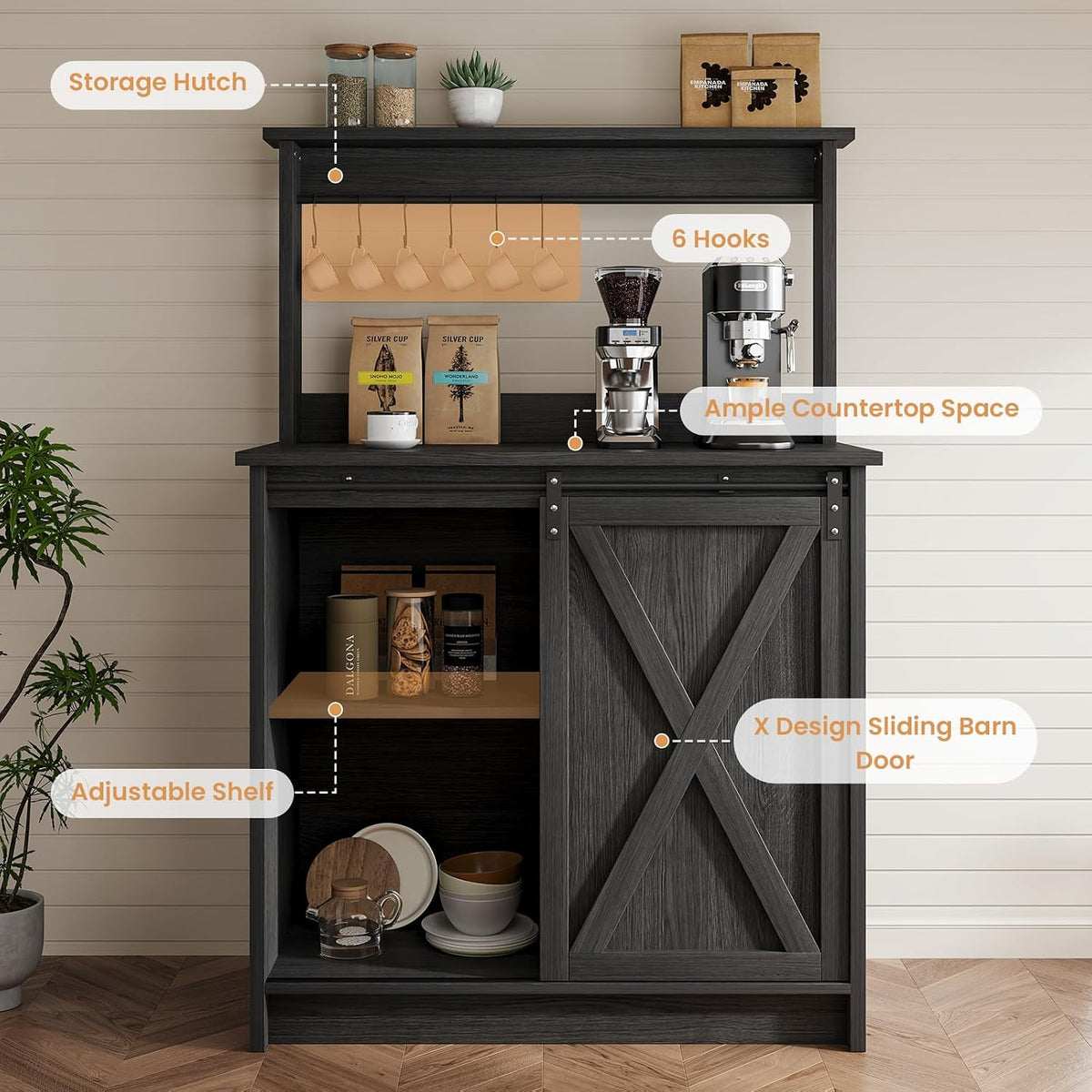 4ever2buy 31" Farmhouse Coffee Bar Cabinet with Storage Hutch, Grey