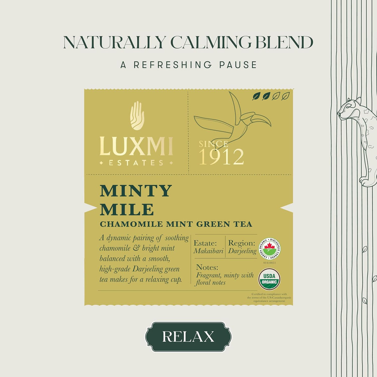Luxmi Estates Minty Mile Organic Chamomile Mint Green Tea (25 Tea Bags) Low Caffeine Tea Bags For Relaxing