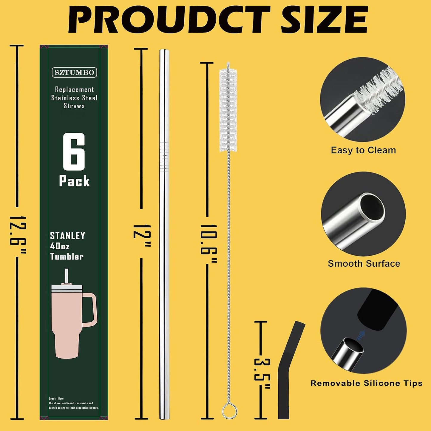 6 Pack 12 Inch Reusable Metal Stainless Steel Straight Straw,with 6Silicone Tips and 2Cleaning Brush for Simple Modern 32,40oz Tumbler,40oz Stanley, 24 oz Starbucks Cup(8mm Silver)