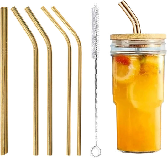 Gold stainless steel Reusable Straws-8.5" Set for smoothies, Juices &Coffee - 6-pack with Cleaning brush - Eco-Freiendly,