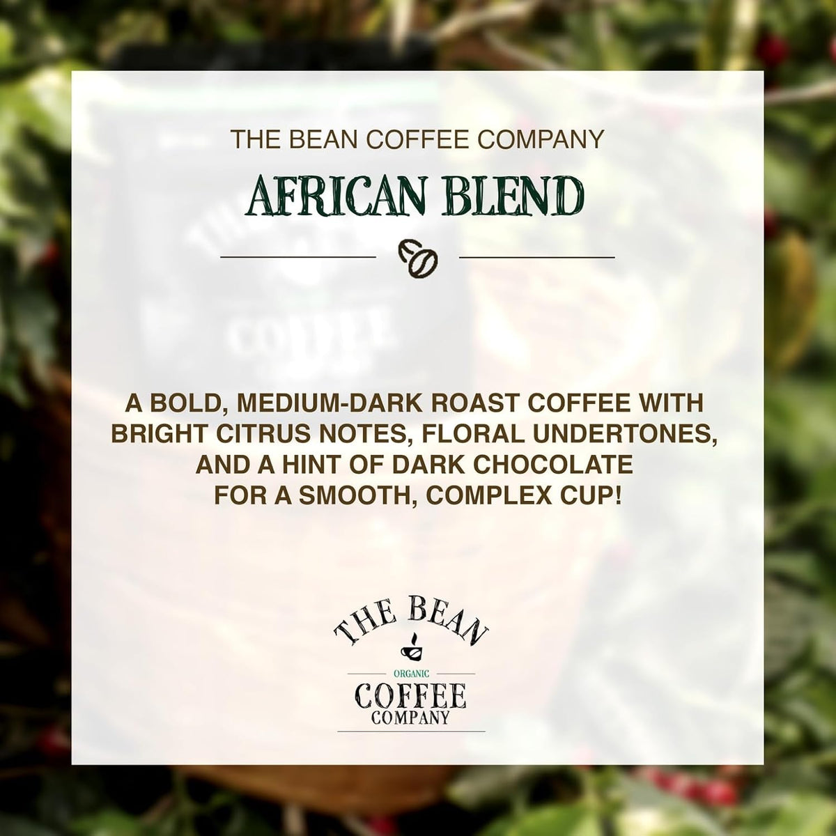 The Bean Organic Coffee Co. African Blend, Medium Roast, Ground, 2 x 1 lb | Bright, smooth African coffee, floral and citrus. Organic ground coffee. Medium Roast. 2 x 1 lb.