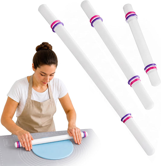Bakerpan Fondant Roller Set - 3 Fondant Rolling Pins with Thickness Guide Rings for Fondant, Gum Paste, Sugar Paste &amp; Cake Decorating - 19.5", 13" &amp; 9"