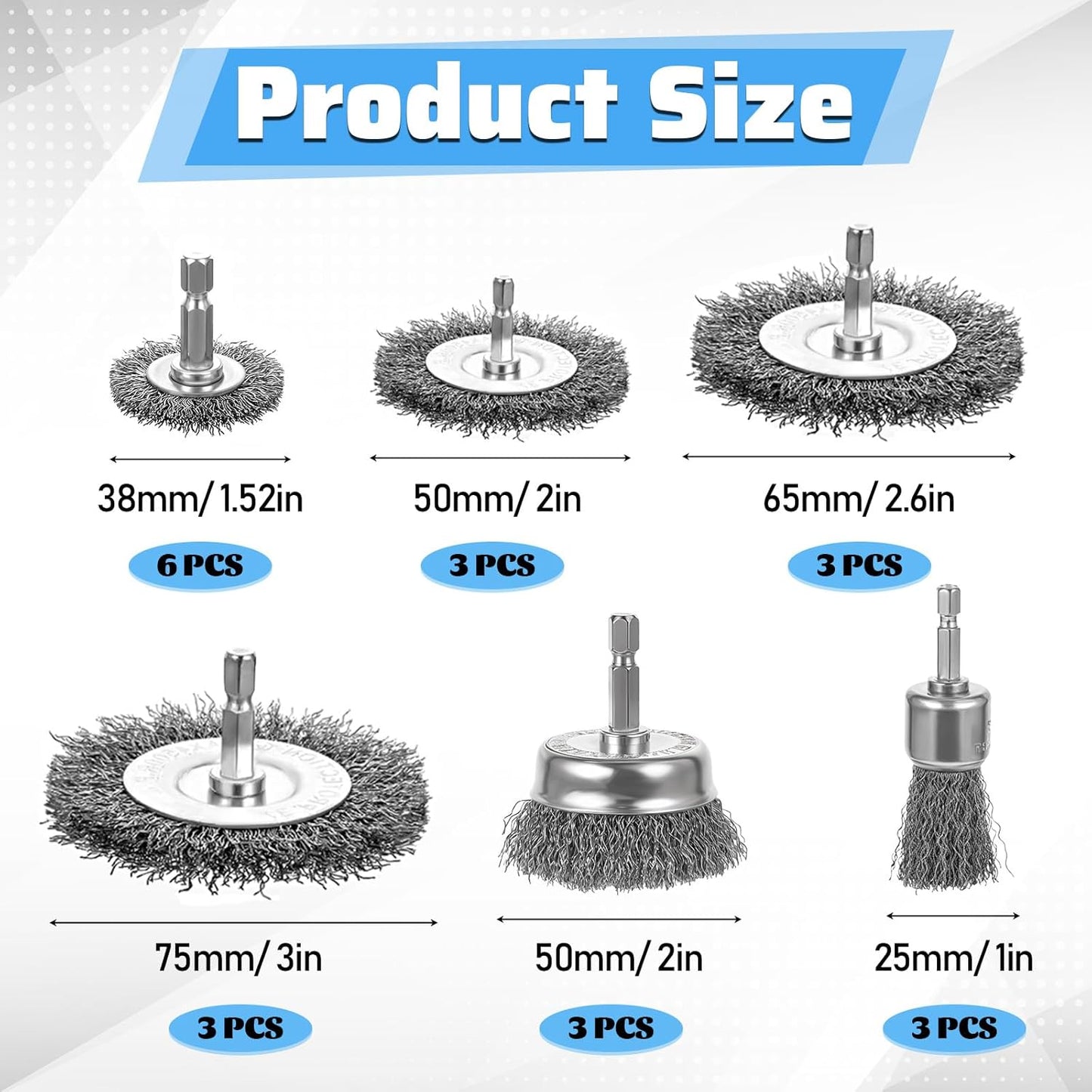 21 Packs Carbon Steel Wire Wheel Brush with 1/4-Inch Hex Shank Cup Pen Wheel Brush Set