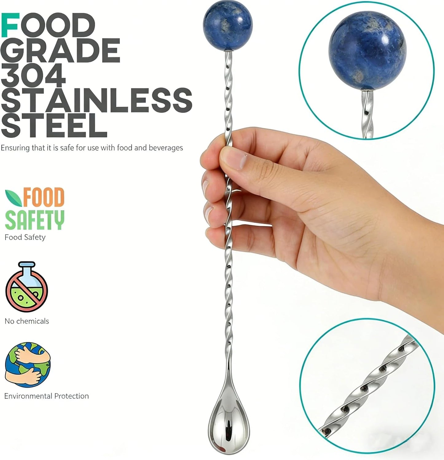 Homestia 12 Inch Bar Spoon, Cocktail Mixing Spoon, Blue Gemstone Decor | Stainless Steel Long Handle Spiral Design, Drink Stirrers Spoons Dirty Soda Coffee Bar Supplies Gifts for Bartender Home Use