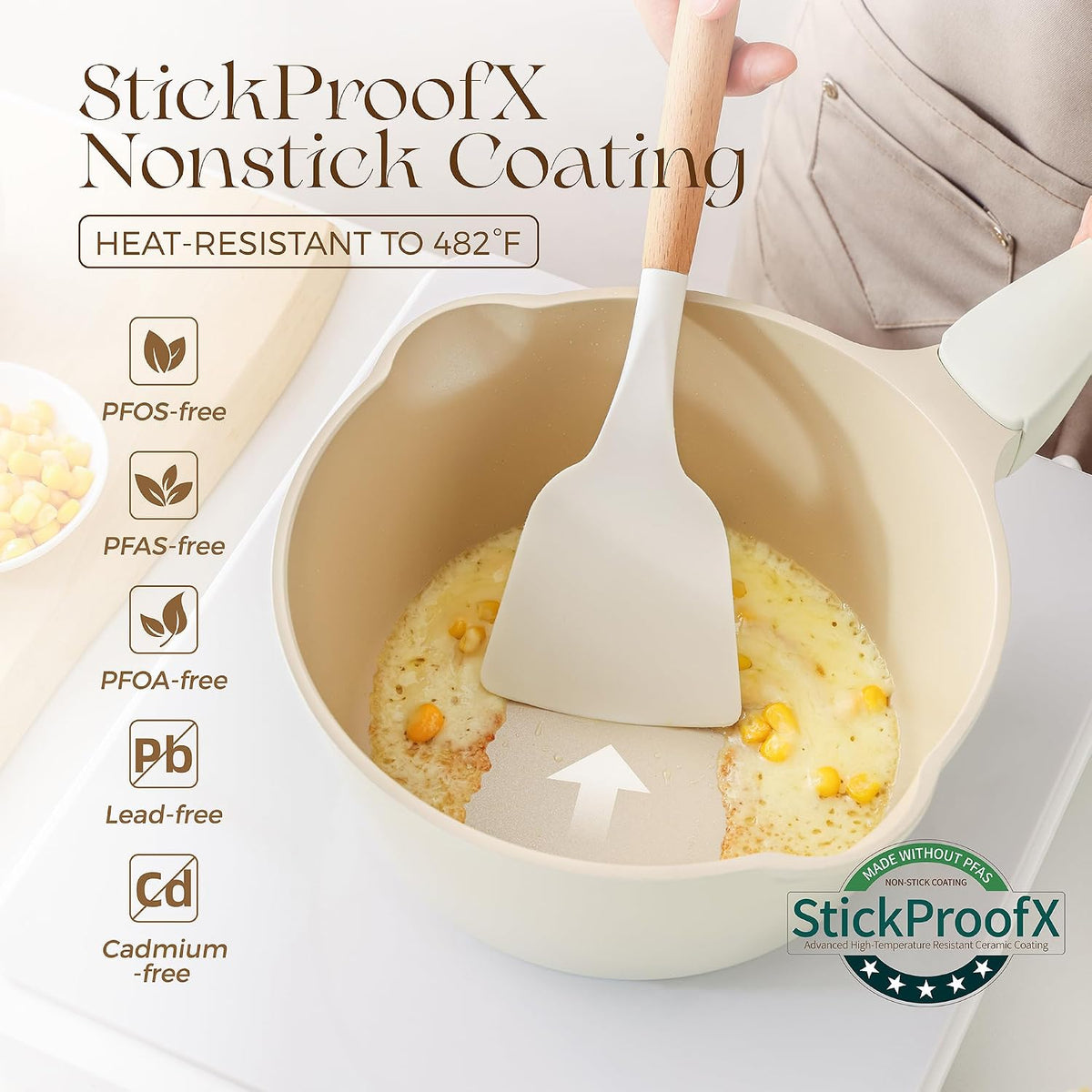 PRICUSIS Ceramic Nonstick Saucepan with Lid, 2.7 Quart Non Toxic Pot with Pour Spouts, Full Coated, 100% Dishwasher Safe, Induction Compatible & Oven Safe, PTFE PFAS & PFOA Free, Coconut White