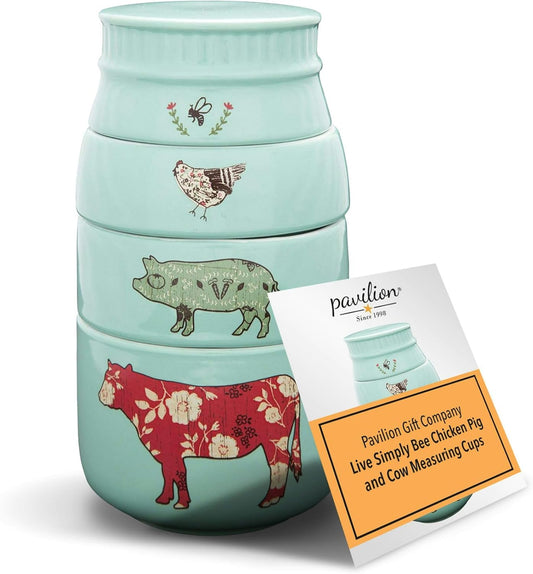 Pavilion Gift Company - 'Live Simply Bee, Chicken, Pig, and Cow' - 4-Piece Stoneware Measuring Cups Set, Sturdy
