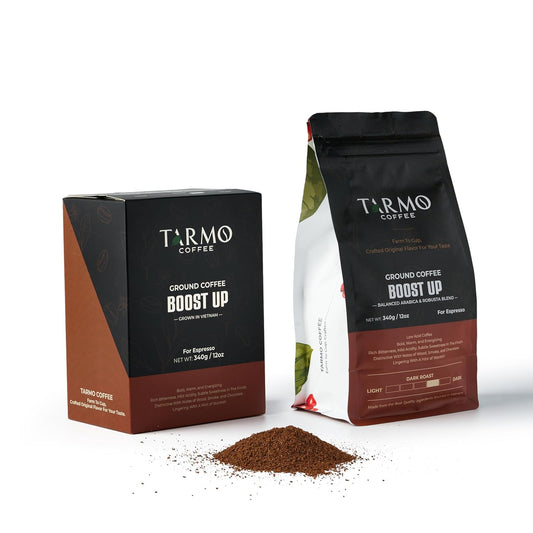 TARMO -BOOST UP | Low Acid ARABICA &amp; ROBUSTA BLEND Ground Coffee | Specialty Vietnamese Coffee | Single Origin - Dark Roast | High Caffeine Coffee Ground | 12 Oz Bag