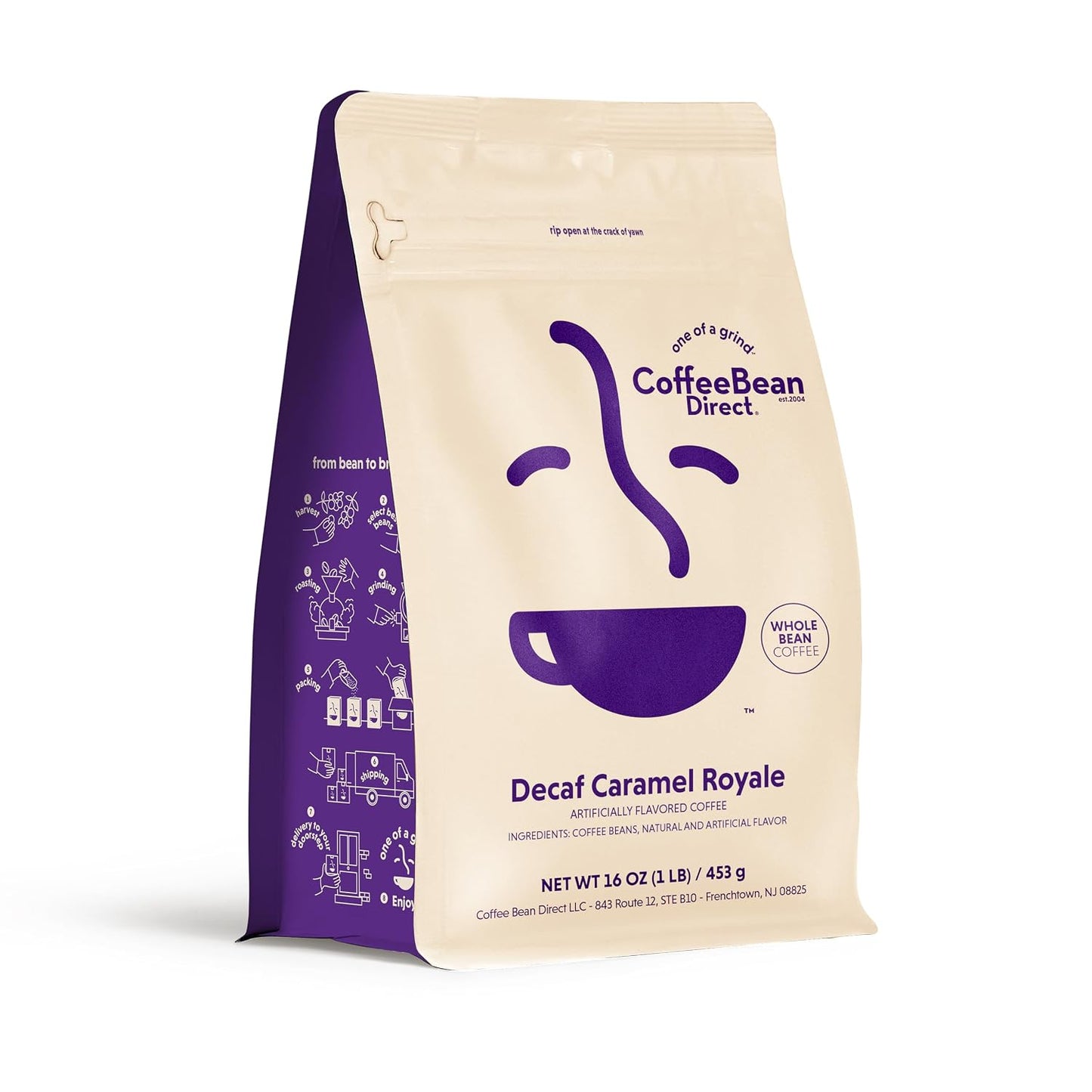 Coffee Bean Direct Decaf Caramel Royale Flavored, Whole Bean, 1lb Bag | Light Roast, Caramel Crème Flavored Coffee Beans
