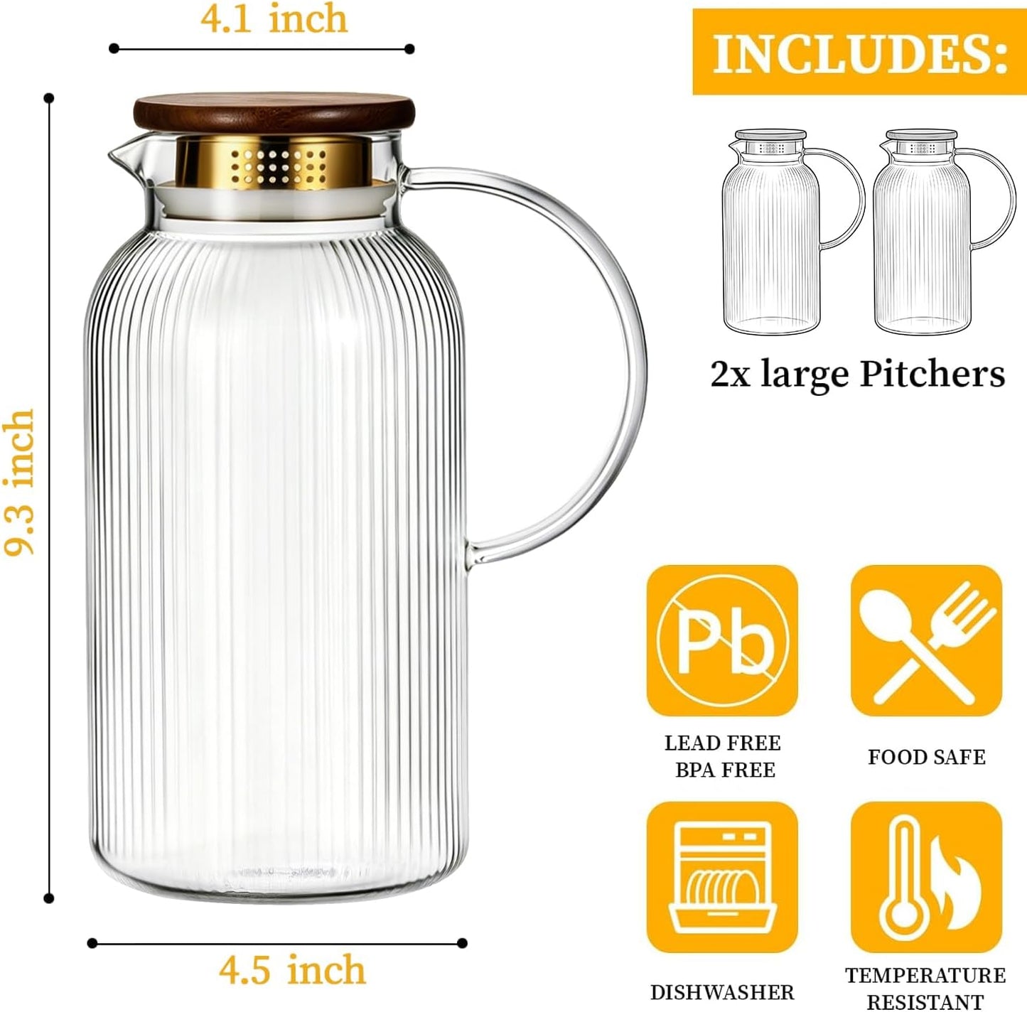 Buaic 2 PACK Glass Pitcher with Lid, 68oz/ 2 Liter Glass Water Pitcher | Classic Vertical Stripes Water Pitcher with Wooden Lids and Widened Handle, Glass Water Carafe for Iced Tea,Beverage,Hot/Cold