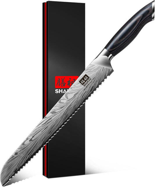 SHAN ZU 10 inch Bread Knife in Powder Steel, Serrated Bread Knife for Homemade Bread Sourdough Ultra Sharp Bread Slicer Knives with Ergonomic Pakkawood Handle for Sourdough, Turkey and Fruit