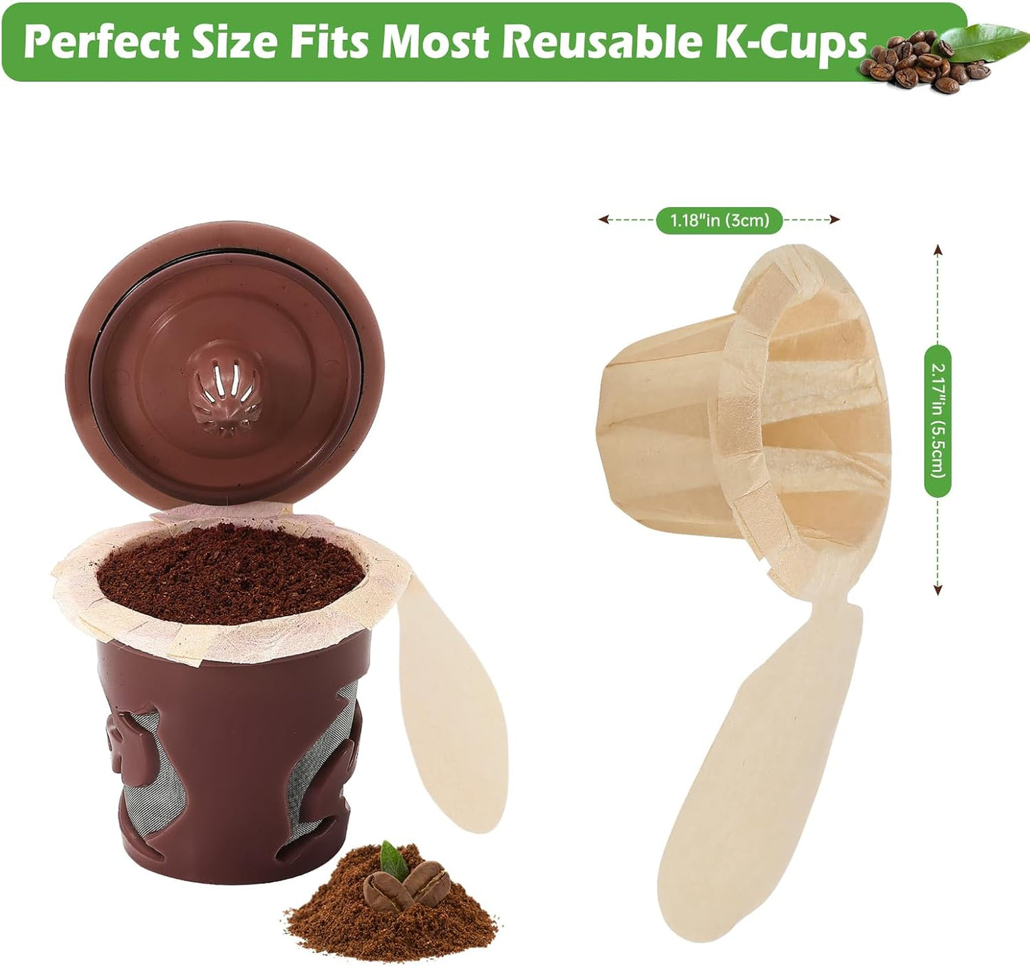 Aussen Disposable Coffee Paper Filters, Fits All Reusable K-Cup Coffee Pods | Replacement Kerig Filter, Works with Keurg Brewers Reusable Single Serve 1.0 &amp; 2.0, Tear Resistant, Natural with Lid, 200 Ct