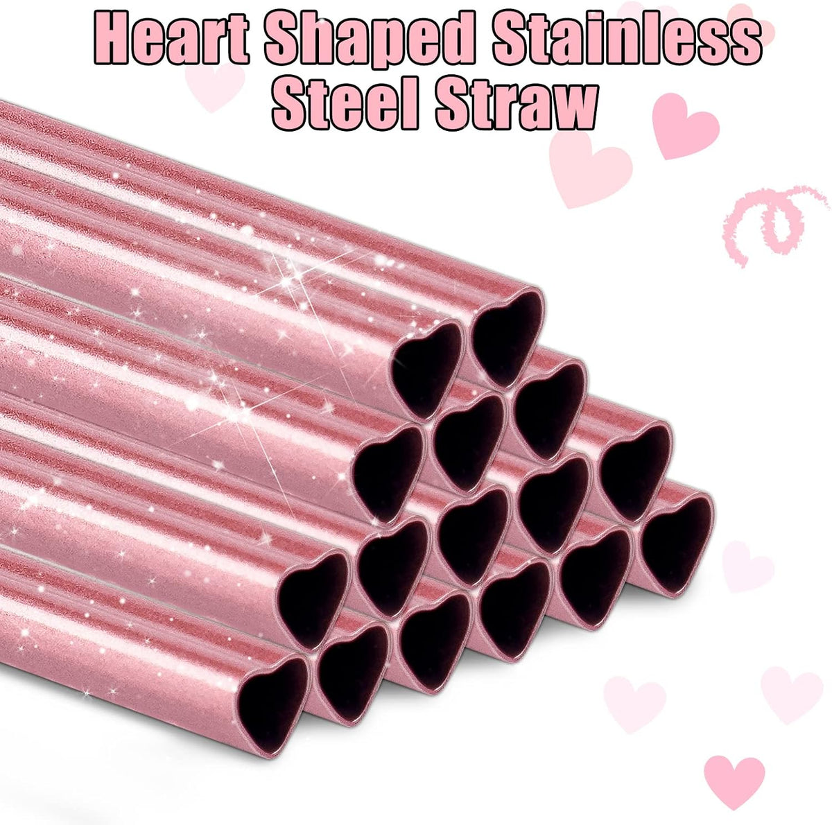 NiHome 8.5” Heart-Shaped Stainless Steel Straws Fit for Smoothie, Cocktails | 16-Pack Metal Straws with 2 Brushes for Holiday, Valentine’s Day, Reusable Drinking for Smoothie Milkshake (Pearl Pink)