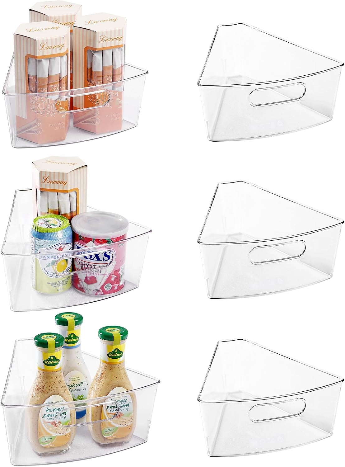 Oubonun Lazy Susan Organizers Set of 6, 10.2”x 9.4”x 4” Plastic Transparent Kitchen Cabinet Storage Bins with Handle, 4" Deep Container, 1/8 Wedge - Food Safe, without BPA