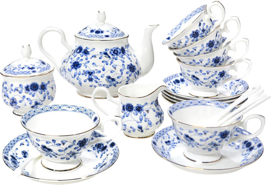 Bone China Tea Set, 21-Pieces Porcelain Tea Set for Adults, Tea Cups And Saucers for 6, with Teapot, Spoons, Sugar Bowl, Creamer Pitcher, Vintage Tea Set for Women Tea Party (Blue)