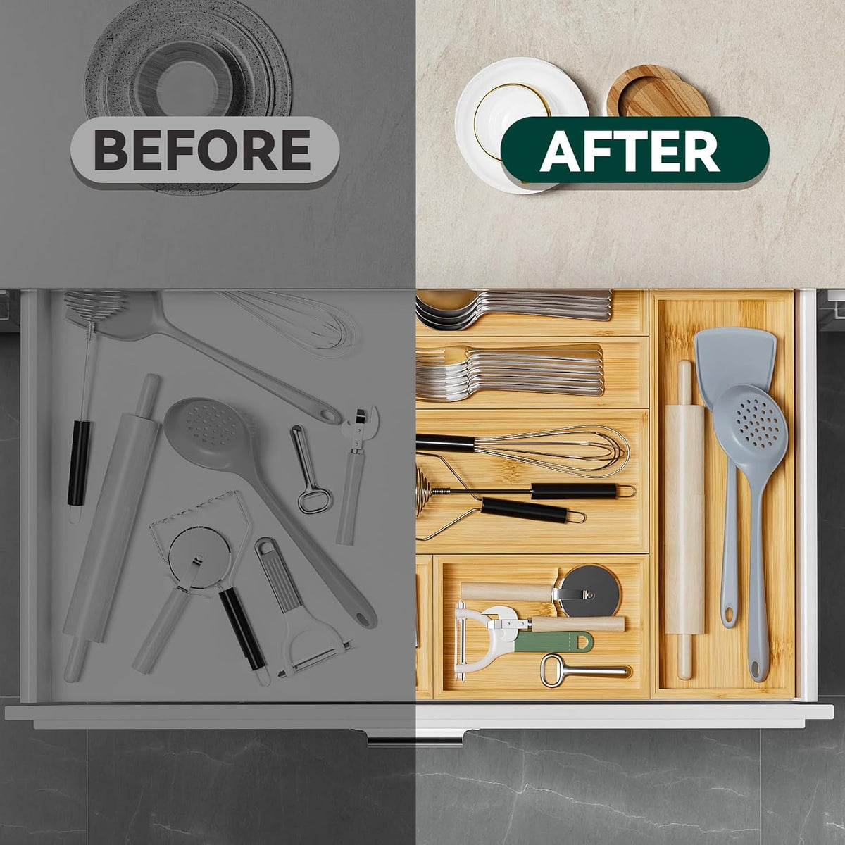 Lixple Bamboo Kitchen Drawer Organizer, 2 Pack, 15" x 6" x 2"