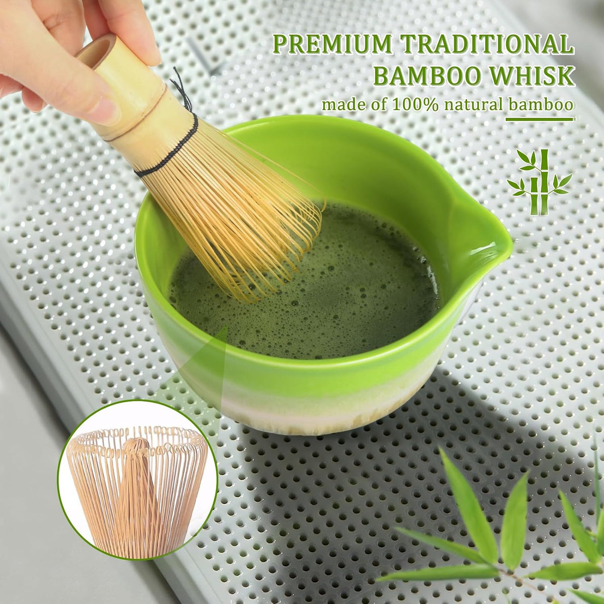 Matcha Whisk Set, 5 PCS Ceramic Matcha Set, Japanese Tea Set Includes Matcha Bowl with Spout, Whisk, Sifter, Holder and Bamboo Spoon, Matcha Kit Gift For Authentic Ceremony (Green)