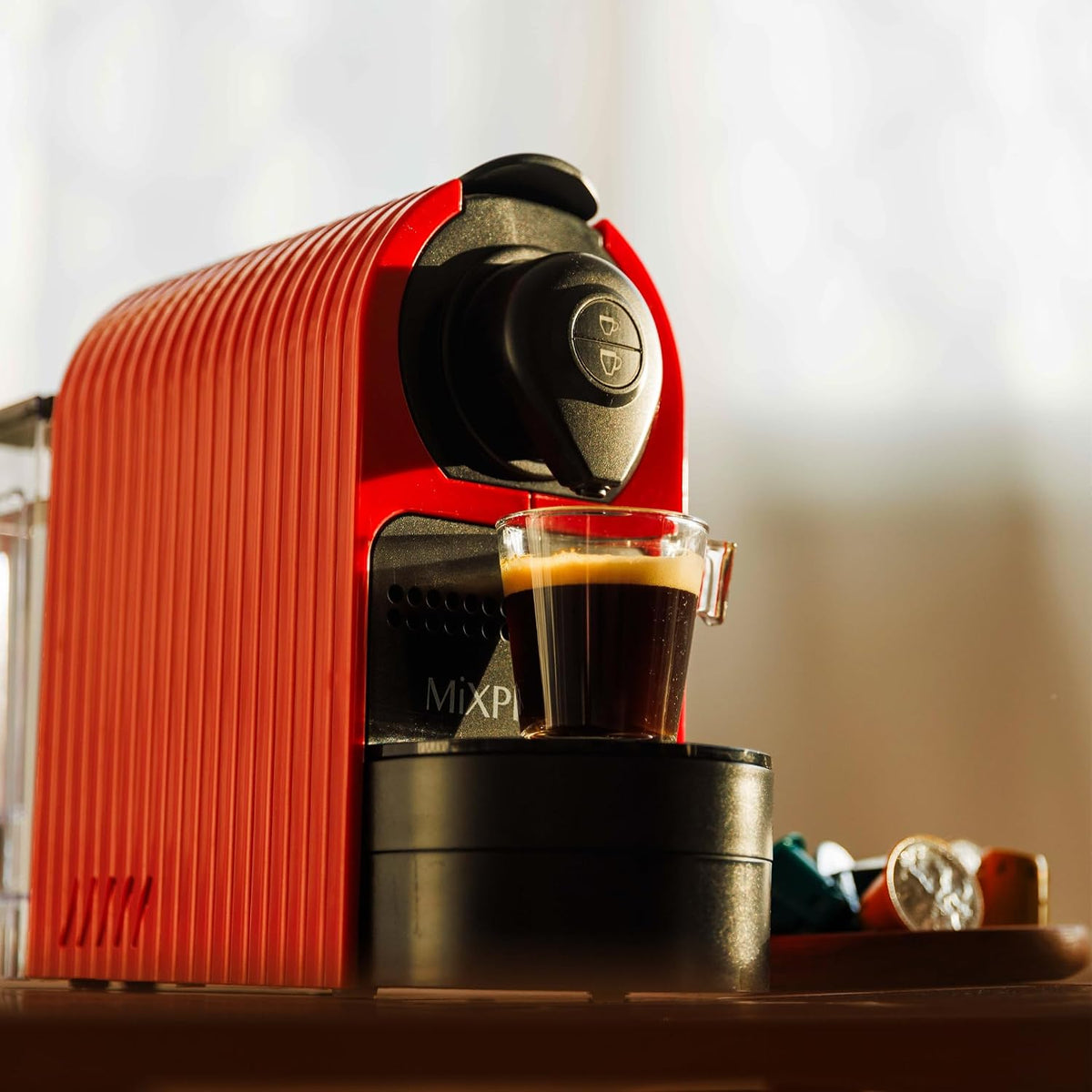 Mixpresso Espresso Machine, Compatible with Nespresso OriginalLine Capsules | 1400W single serve coffee maker with one-touch operation, 19-bar Italian pump and 27oz water tank, red