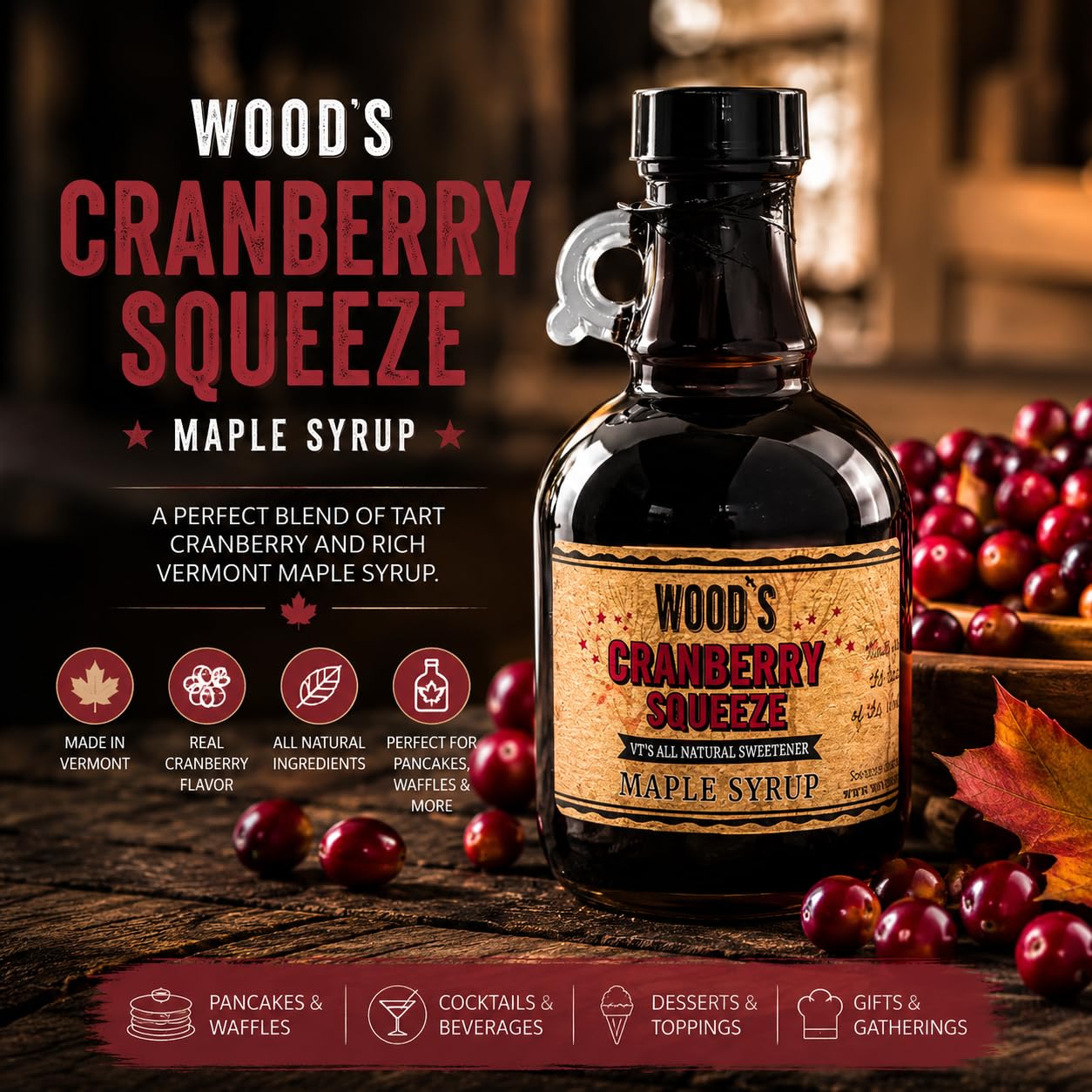 WOOD'S Cranberry Squeeze Maple Syrup – Small-Batch Vermont Maple Syrup Infused with Tart &amp; Tantalizing Cape Cod Cranberries | All-Natural Vegan Sweetener for Pancakes, Cocktails, Glazes &amp; Baking | 8.45 Fl Oz (250mL)