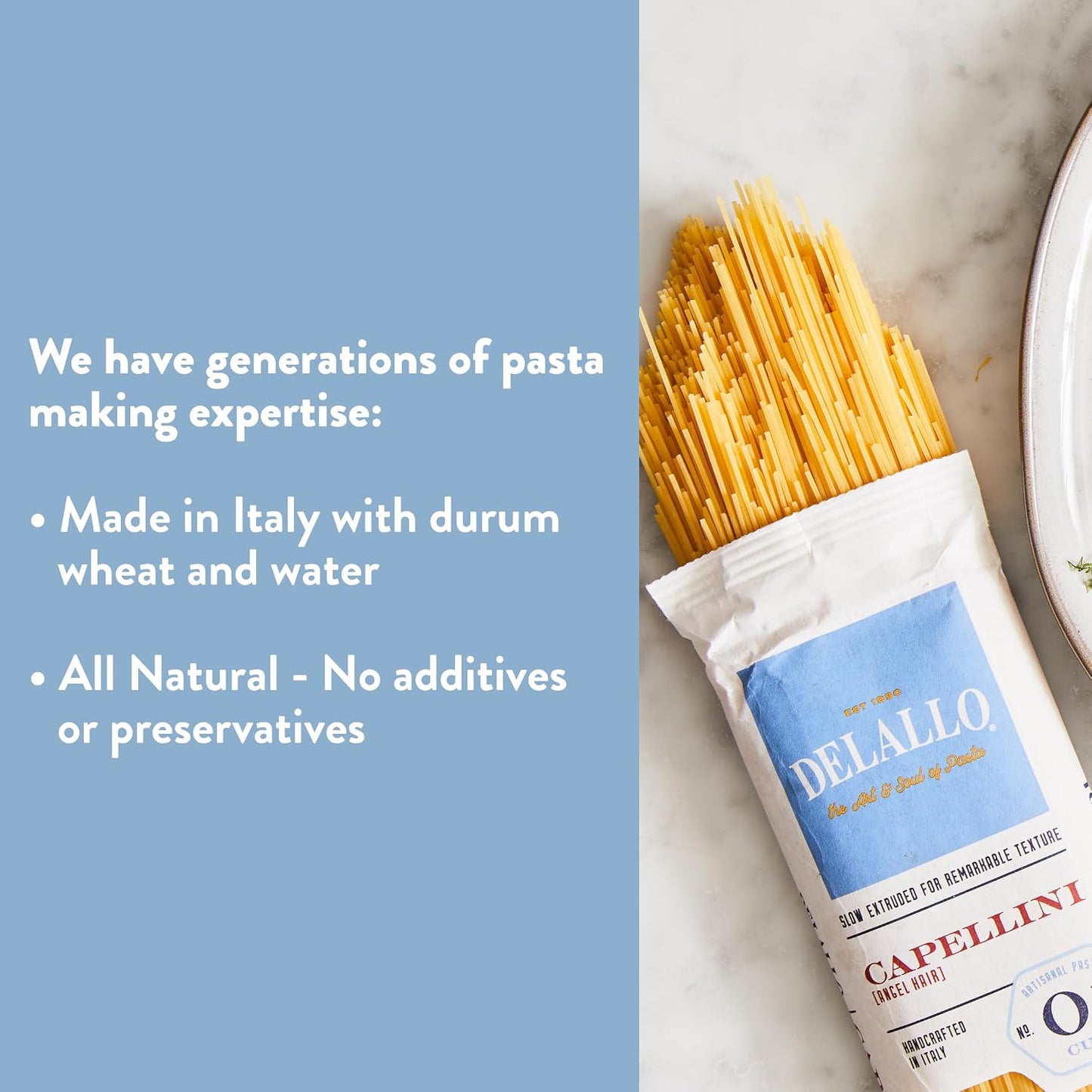 DeLallo Capellini Pasta, Angel Hair Pasta Made in Italy, Made with Only 100% Durum Wheat Semolina Flour, Bronze Cut, All Natural, Non-GMO, Kosher, Vegan, 1 Pound Bag, (8 Pack)